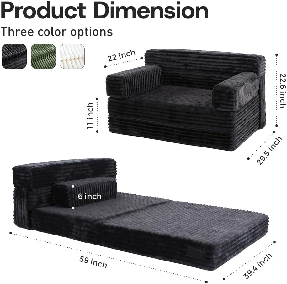 YEPDIN Folding Sofa Bed, Convertible Sofa Bed with Armrest Foldable Sleeper Chair, Portable Folding 4-in-1 Floor Sofa with Convertible Lounge Chair for Living Room, Bedroom, Washable Cover, Black Single