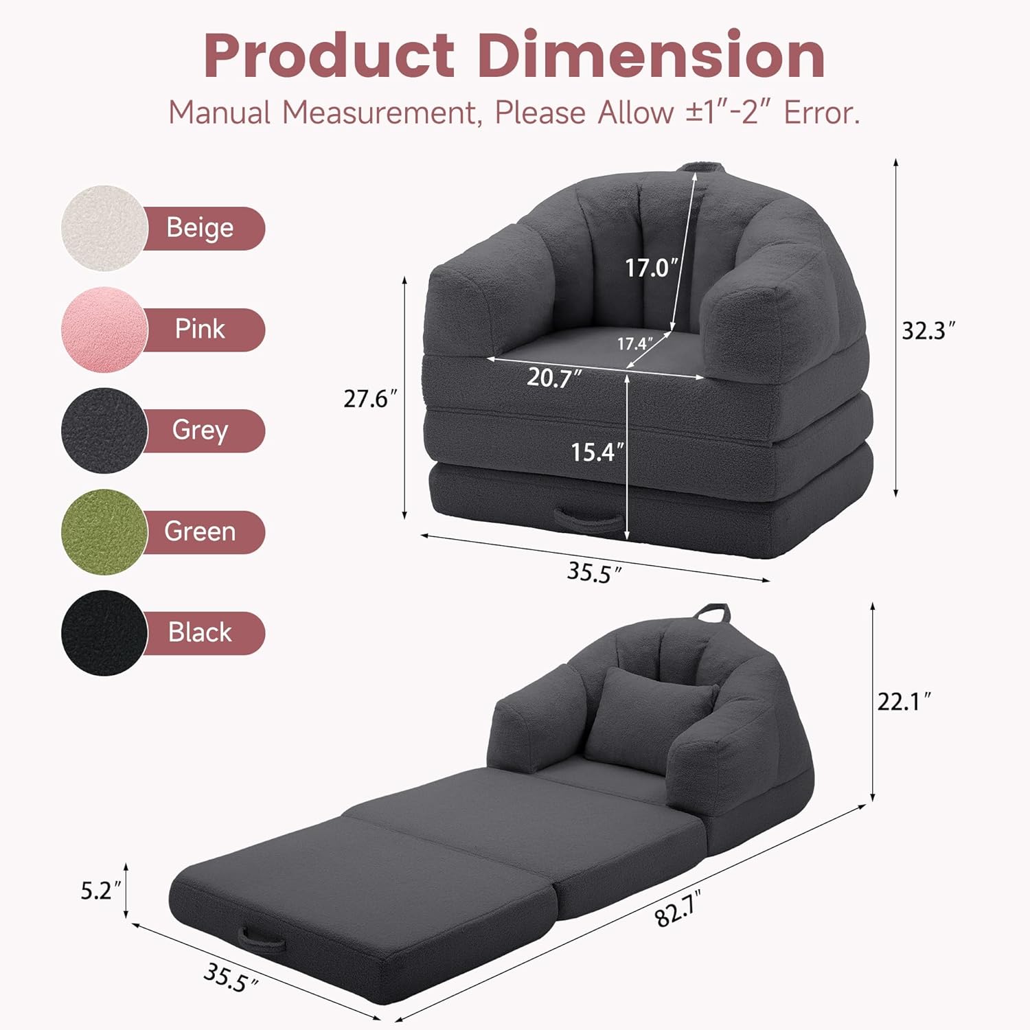Korser Folding Sofa Bed, Convertible Sleeper Chair with Armrest, Floor Futon Couch with Pillow, Single Sleeper Chair for Adults, Couches for Living Room, Small Couches for Small Spaces, Gray