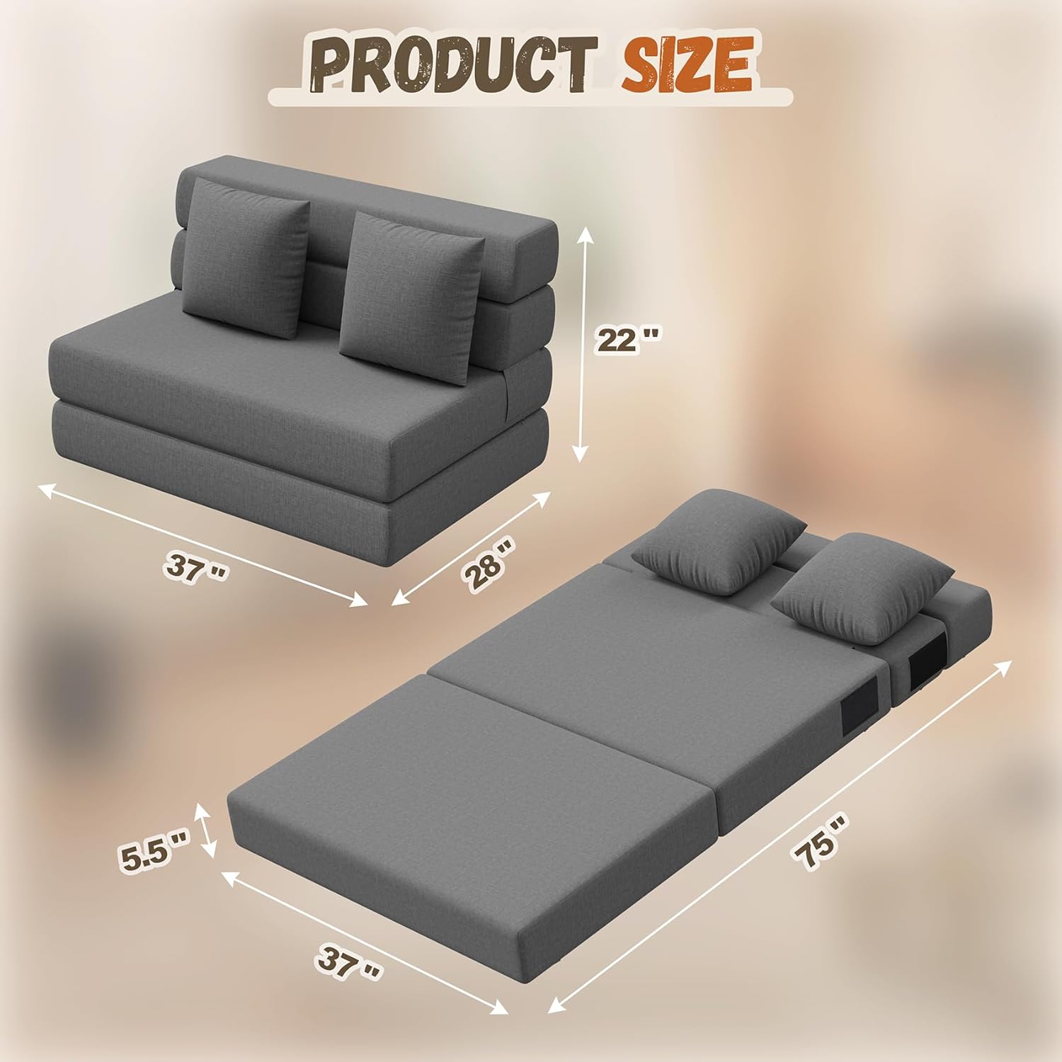Folding Sofa Bed, Convertible Sleeper Chair & Couch Bed with Pillow, One-Piece High-Density Sponge Mattress, Multi-Purpose Floor Sofa for Living Room, Office, Dorm, Apartment, Grey, Single