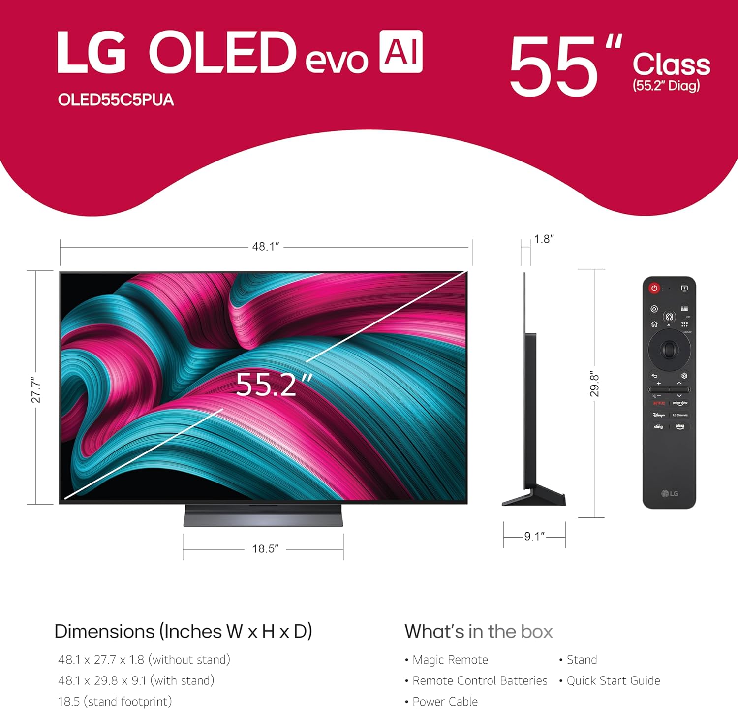 LG 55-Inch Class OLED evo AI Super Upscaling 4K C5 Series Smart TV w/Dolby Atmos, Dolby Vision, HDR10, Filmmaker Mode, Wow Orchestra, Alexa Built-in (OLED55C5PUA, 2025)