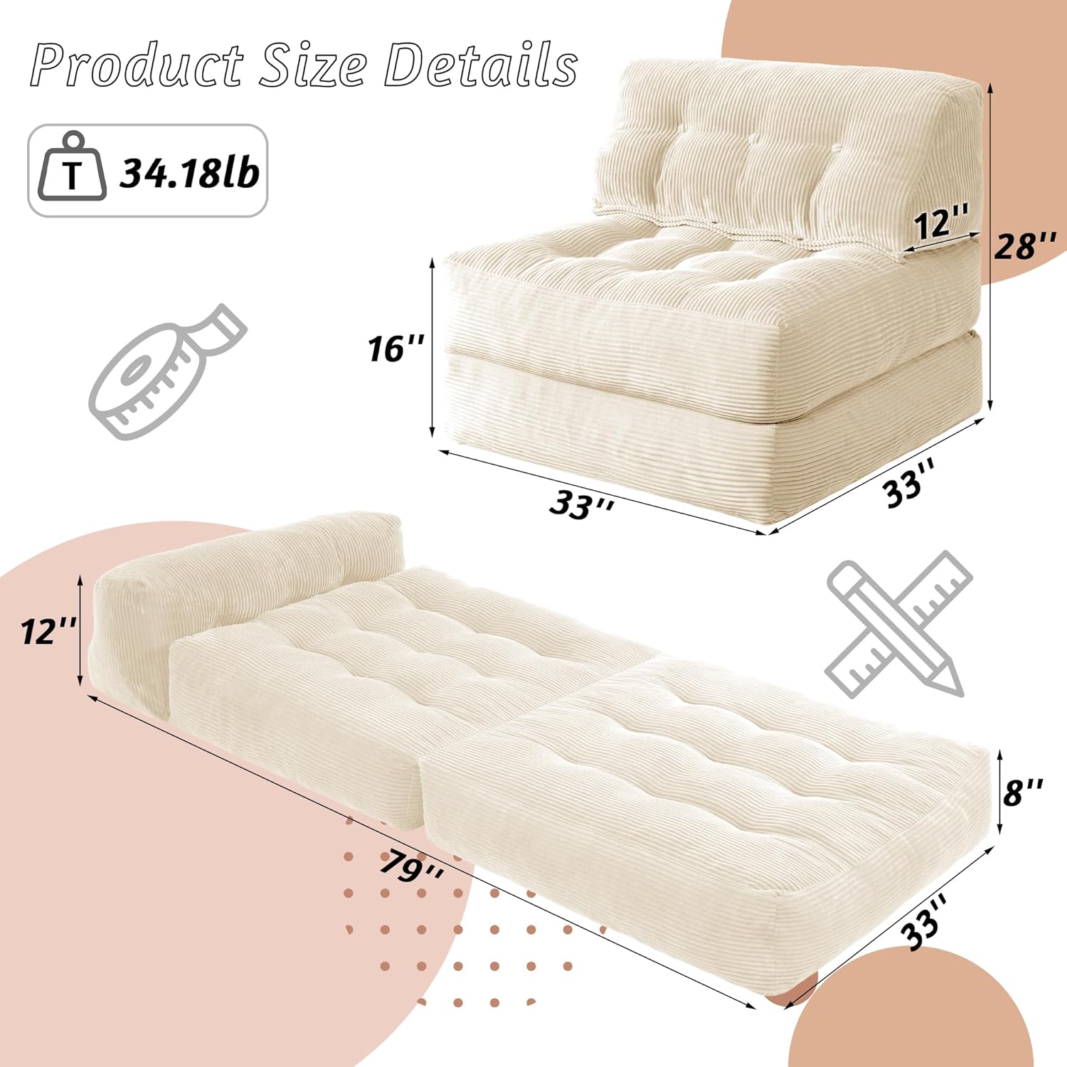 HABUTWAY Folding Sofa Bed, Convertible Sleeper Chair Bed with Pillow, Foldable Mattress with Back Support, Portable Single Couch Comfy Floor Sofa Lounge for Living Room, Bedroom, Office (Beige)| 3 in 1 Design