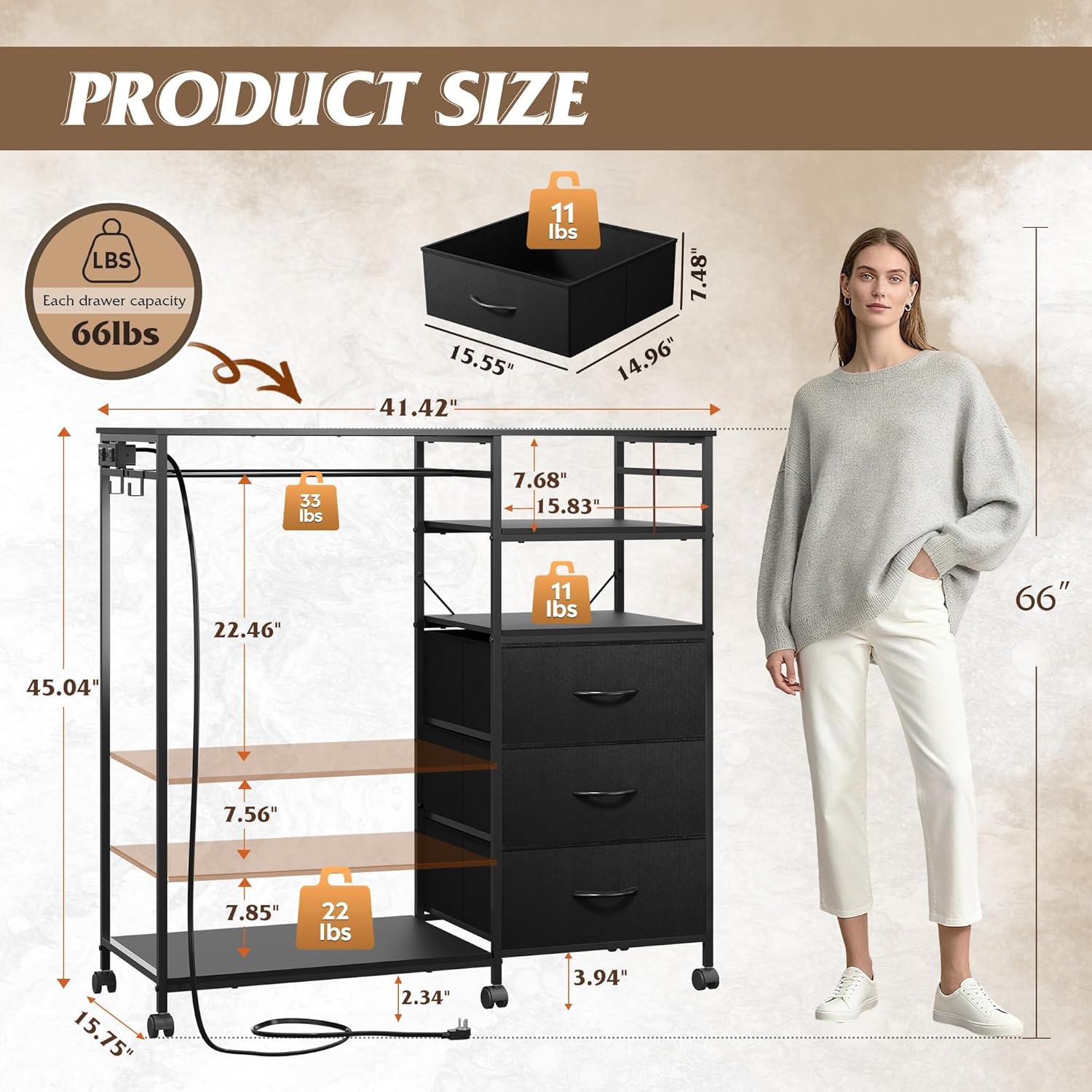 WLIVE Black Dresser with Hanging Rack for Bedroom, 3 Drawer Dresser with LED Lights & Charging Station, Fabric Dressers & Chest of Drawers, Storage Organizer with Open Shelves for Living Room