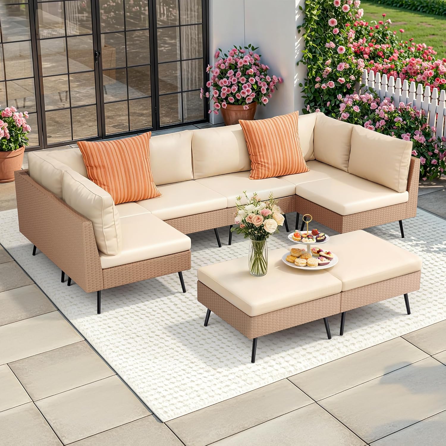 Pamapic 8-Piece Wicker Outdoor Furniture Set, All-Weather Patio Conversation Set with Thick Cushions & 2 Multi-Use Ottomans, Sectional Sofa Patio Furniture Set for Backyard, Porch, Beige