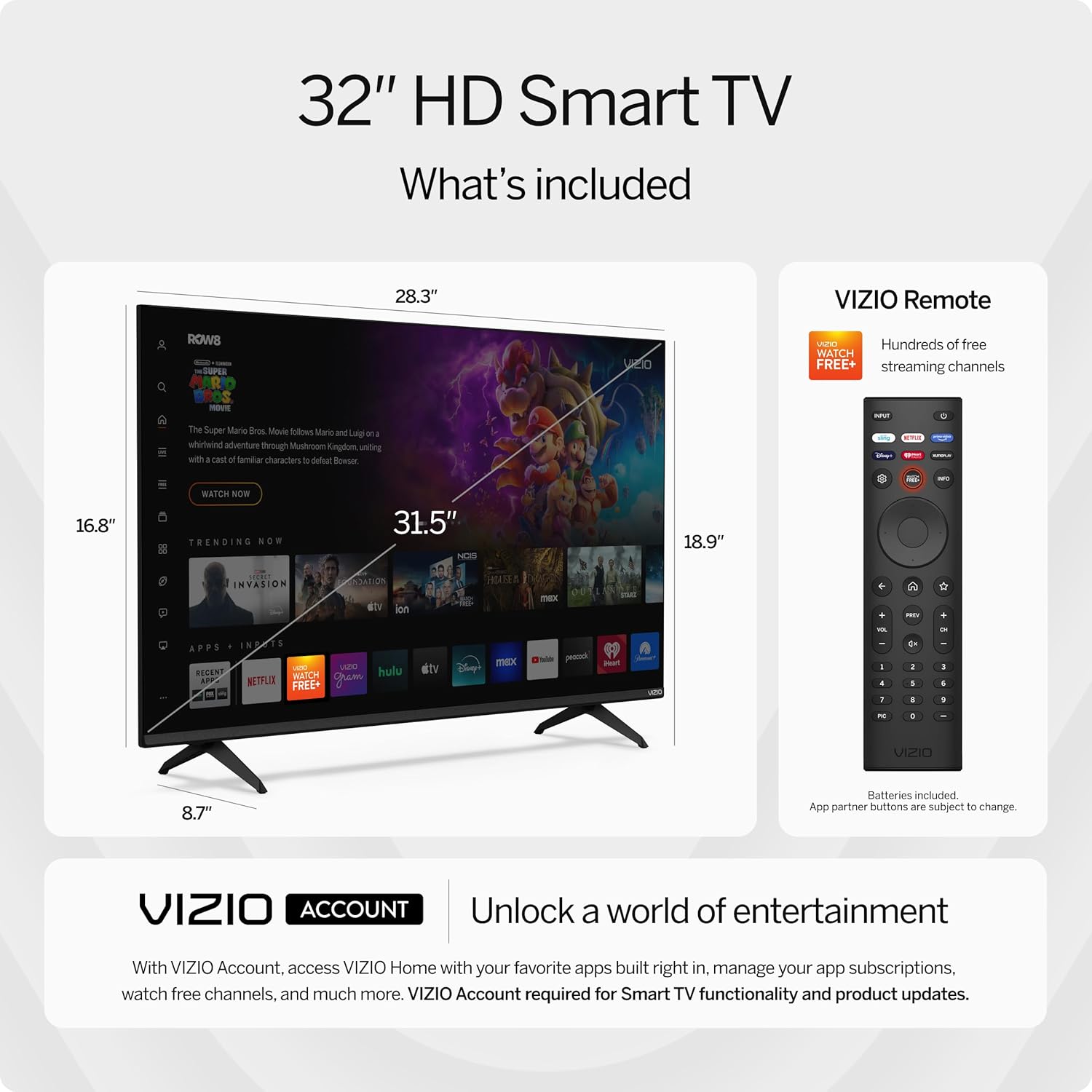 VIZIO 32-inch HD Smart TV 720p LED with Alexa Compatibility, Google Cast Built-in, Bluetooth Headphone Capable (VHD32M-08, New)