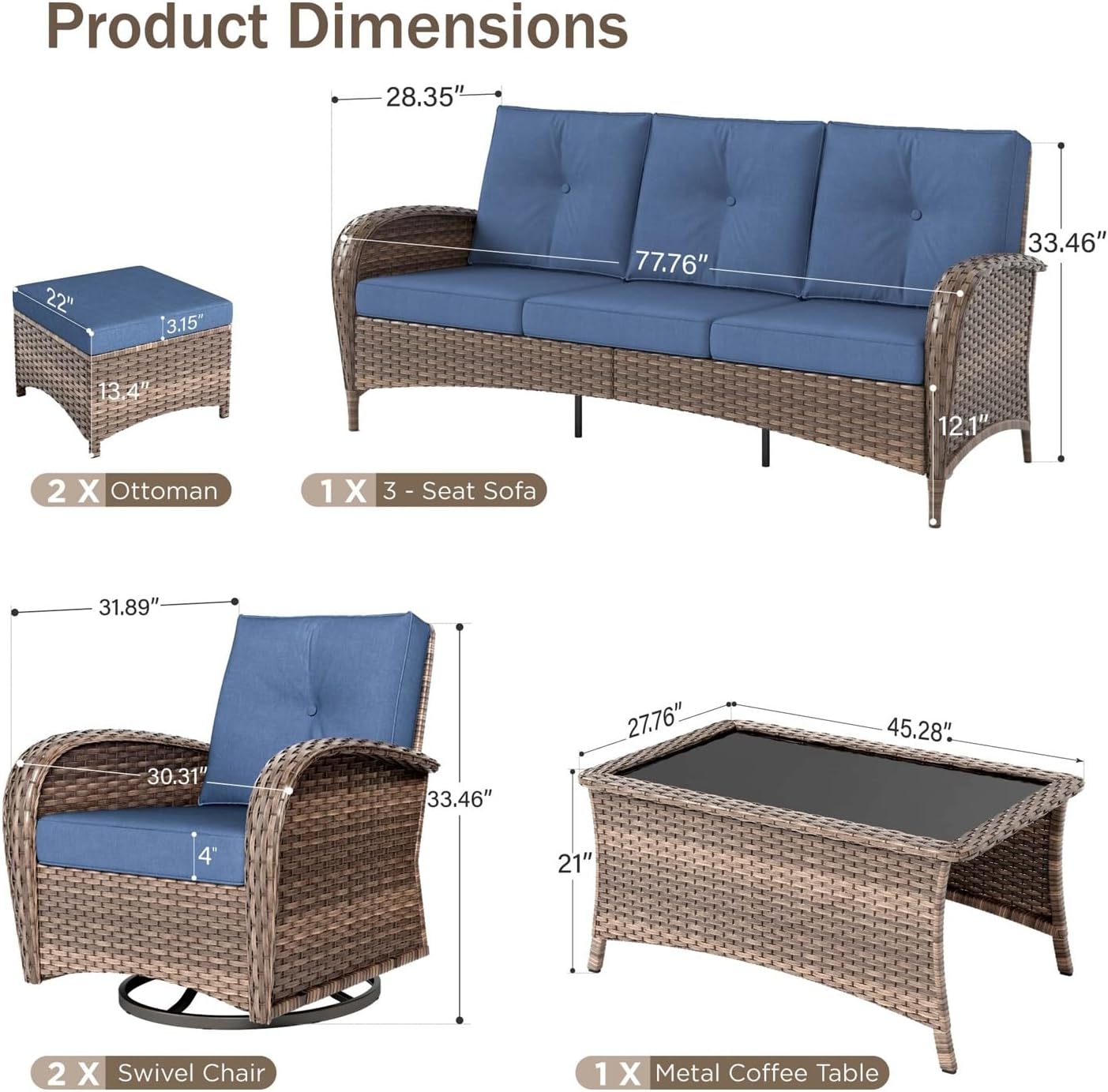 PHI VILLA Patio Furniture Set, 6 Pieces Wicker Outdoor Conversation Set with 2 High Back Patio Swivel Chairs, 3-Seat Rattan Patio Sofa Couch, 2 Multi-Functional Ottomans (Navy Blue Cushions)