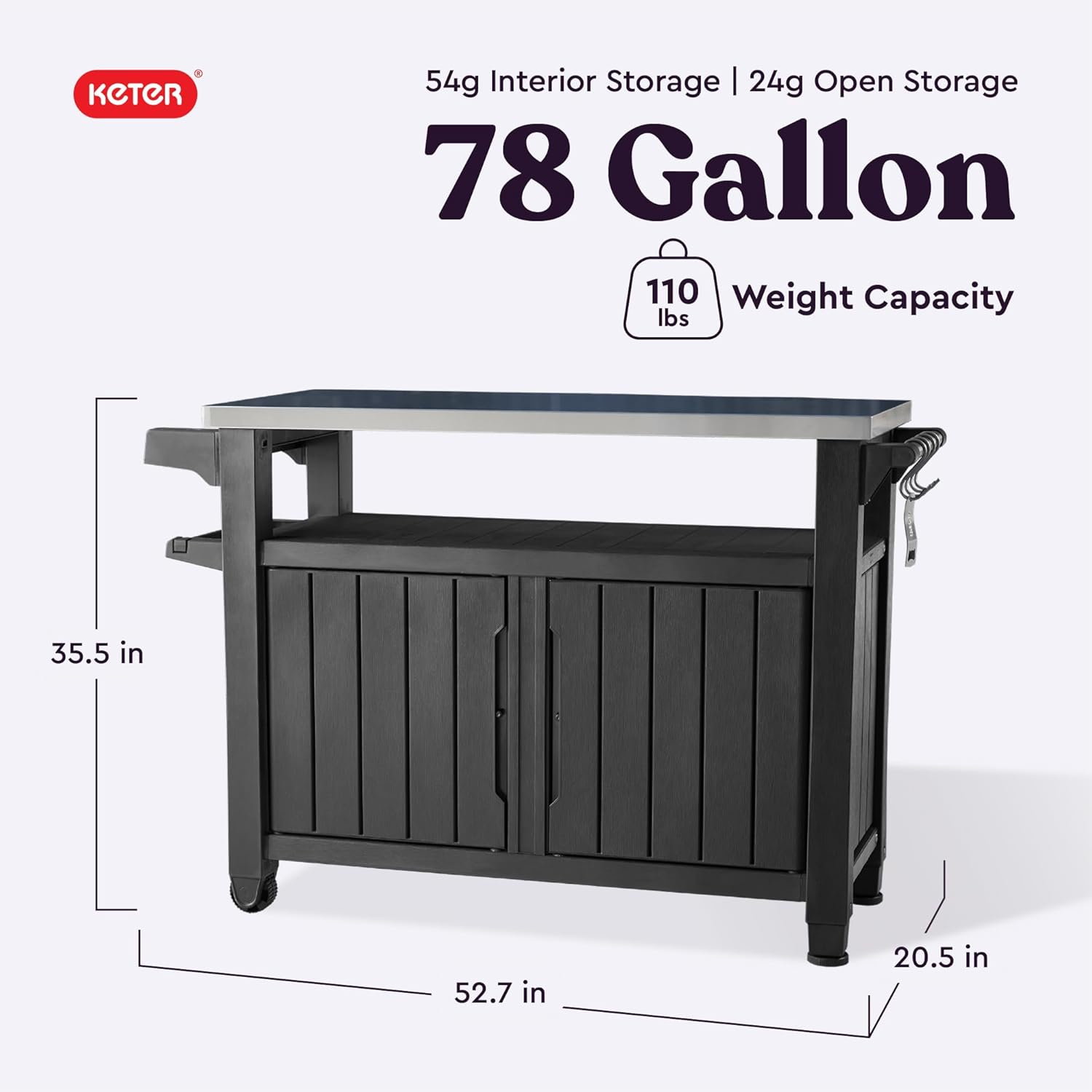 Keter Unity XL Portable Outdoor Table with Stainless Steel Top for Kitchen Prep and Outdoor Storage Cabinet for Grilling Accessories, Dark Grey