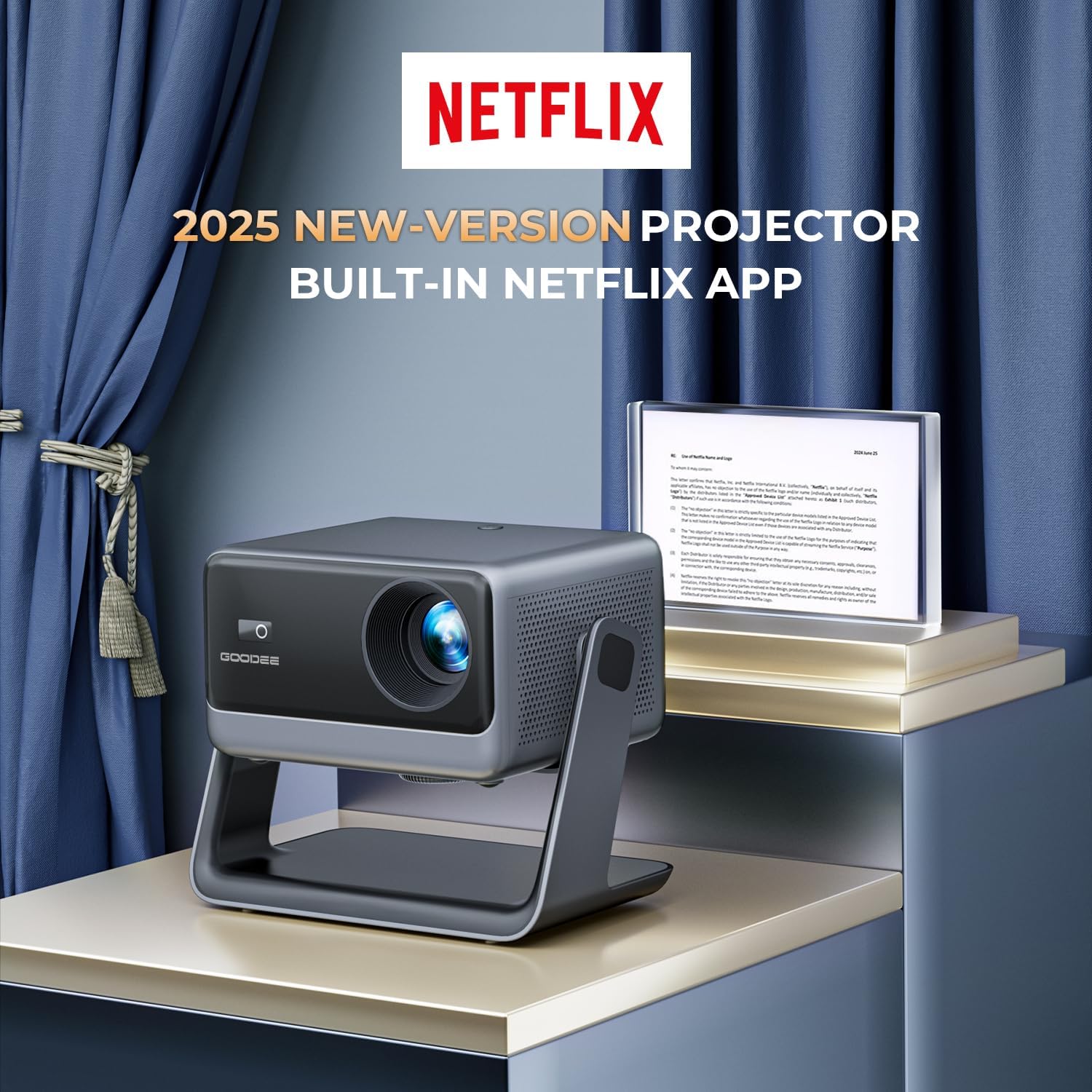 GooDee Video Projector With Wifi And Bluetooth, Smart Portable Projector Movie System Compatible With Netflix/Dolby Audio/Auto Focus & Keystone, 4k Video Decode & 1080p Native For Home Theater/Outdoor