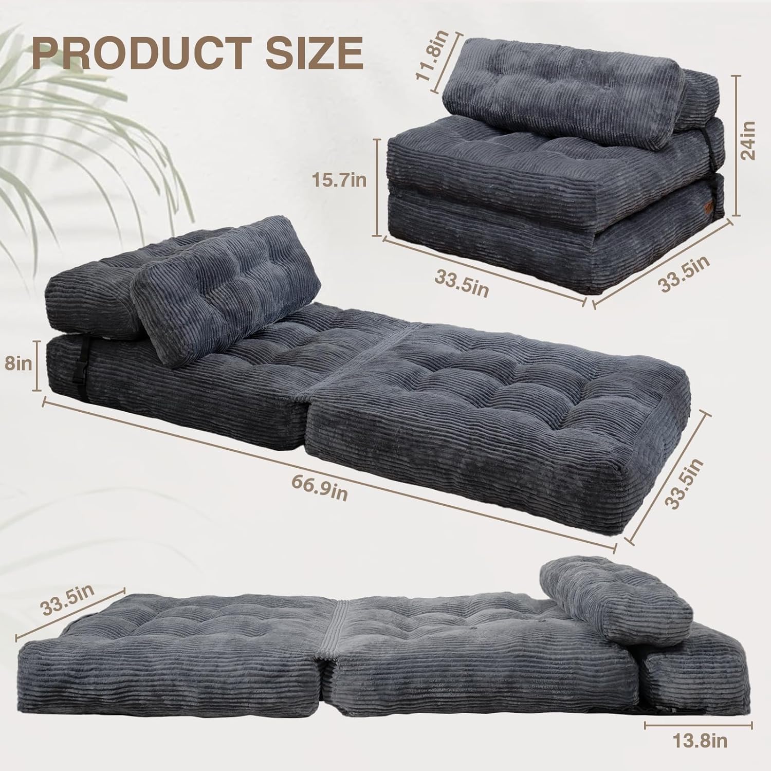 Folding Sofa Bed, Folding Chair Bed with Pillow, Convertible Lazy Sofa Bed with High-Density Support Foam, Fold Out Chair for Small Spaces Living Room Bedroom, Dark Grey