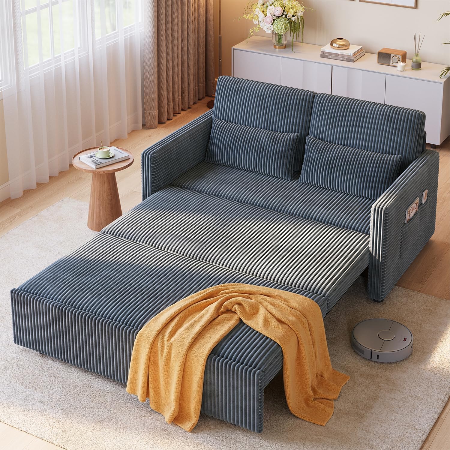 Ahomly 77.2'' Extended Pull Out Sofa Bed, 3-in-1 Small Space Convertible Loveseat Sleeper Couch Bed, Corduroy Sofa for Living Room, Bedroom, Apartment, Dark Grey