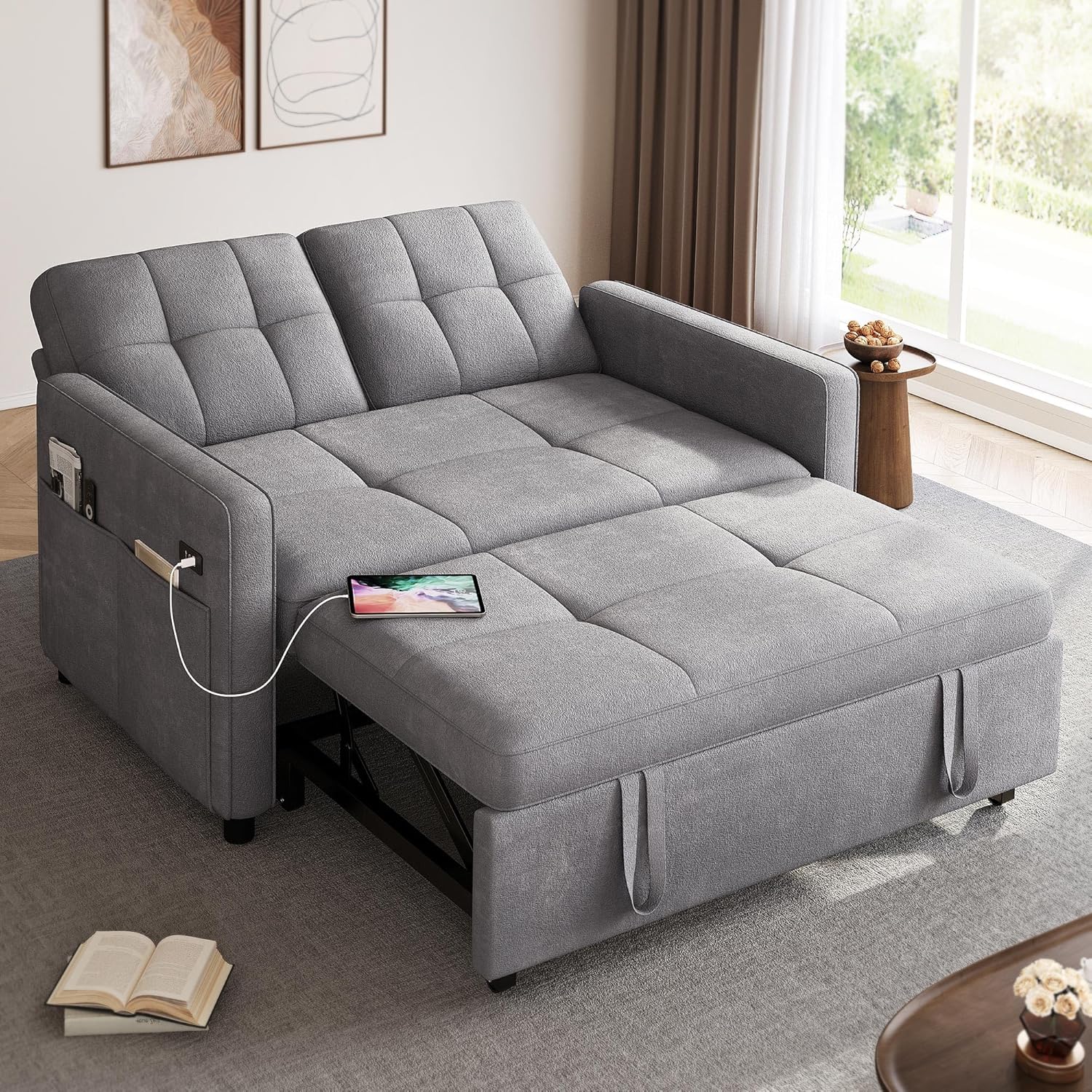 YITAHOME 3-in-1 Convertible Sofa Bed, Modern Loveseat Sleeper with Pull-Out Chaise, USB Charging Ports, Side Pockets, Compact Sofa for Living Room, Bedroom, Apartment, Black
