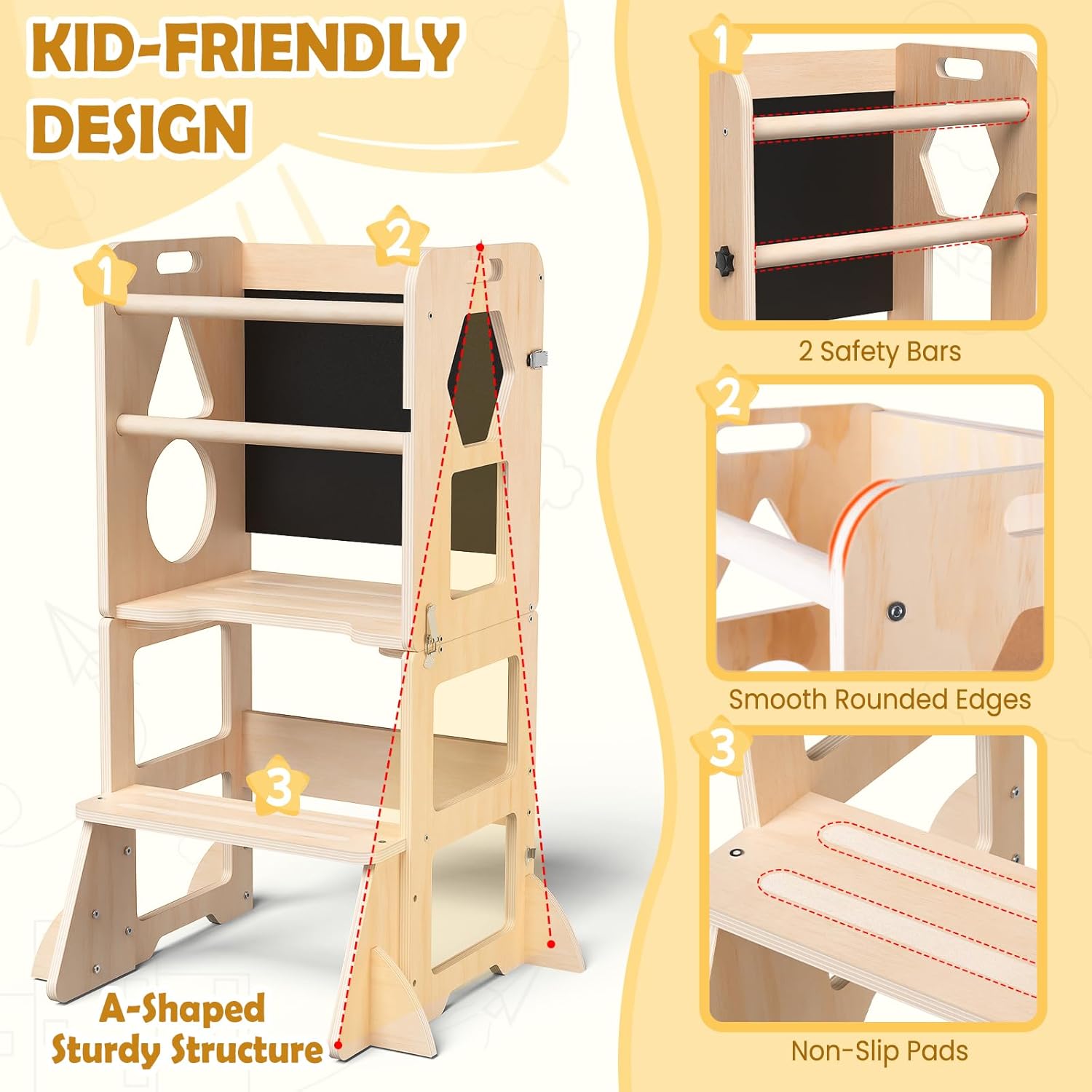 Woodure 4-in-1 Toddler Kitchen Step Stool, Foldable Learning Standing Tower with Blackboard, Wooden Kitchen Stool Helper for Kids, Gifts for Boys and Girls Aged 1-3 Years