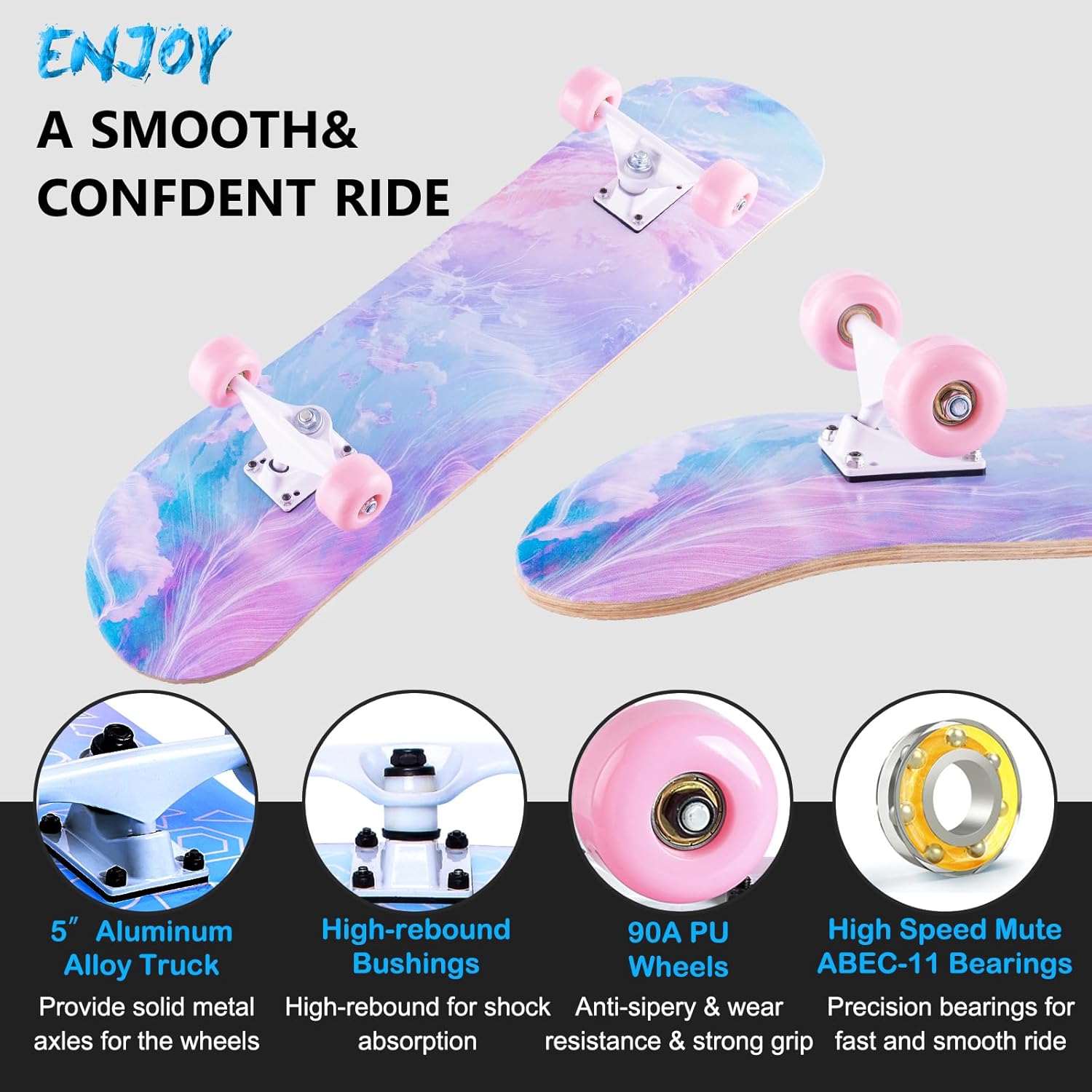 Skateboard, 31 x 8 inch Complete Skateboards for Beginners, 8 Layer Maple Concave Cruiser Trick Skate Board for Kids, Teens, Adults