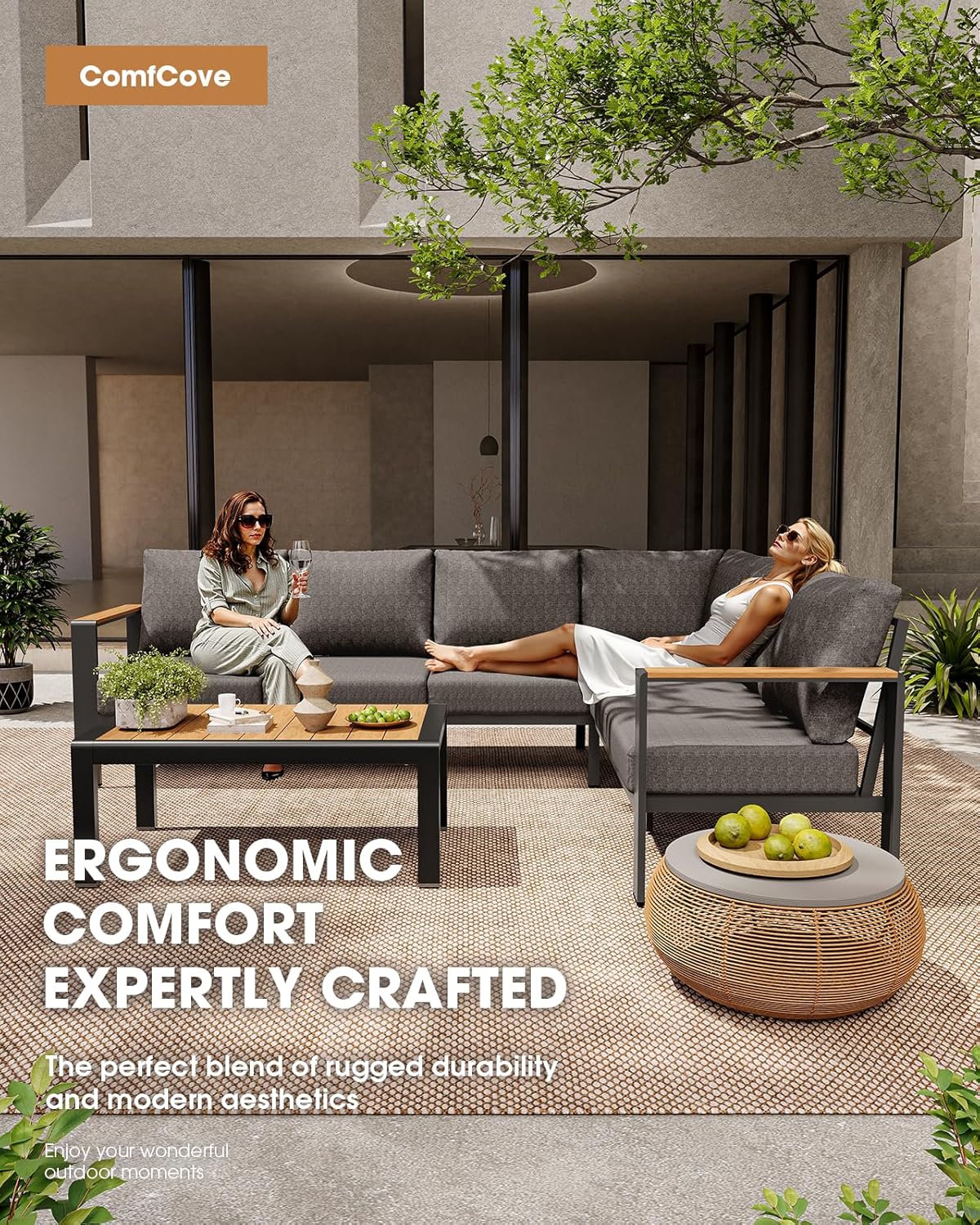 Aluminum Outdoor Patio Furniture Set 8 Seats, Outdoor Sectional Corner Sofa, Patio Conversation Set with Coffee Table & Washable Cushions, Furniture Set for Porch, Balcony, Deck, Graphite