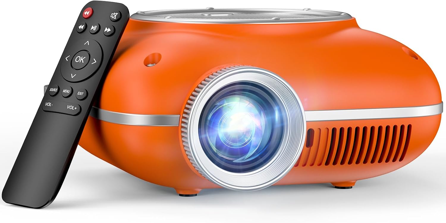 HOMPOW Mini Projector with Two-Way Bluetooth, Portable Projector for Home Theater Use, Supports 1080P for Indoor/Outdoor, Movie Projector Compatible with HDMI, USB, Laptop, TV Stick (Orange)