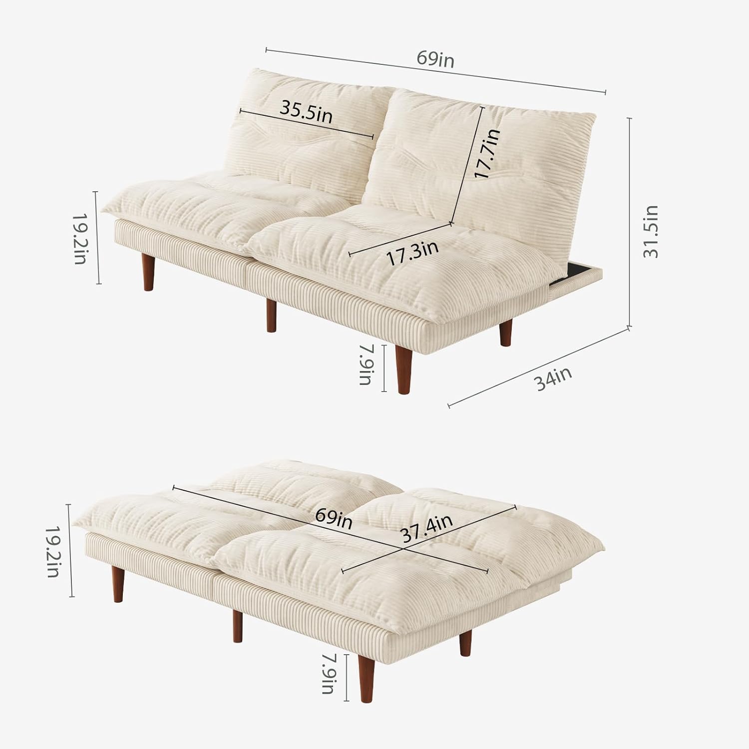 DreamDashio Futon Sofa Bed, 69 inch Futon Couch with Adjustable Backrest, Corduroy Convertible Sleeper Sofa Bed, Folding Sleeper Recliner for Apartment, Living Room, Office, Beige