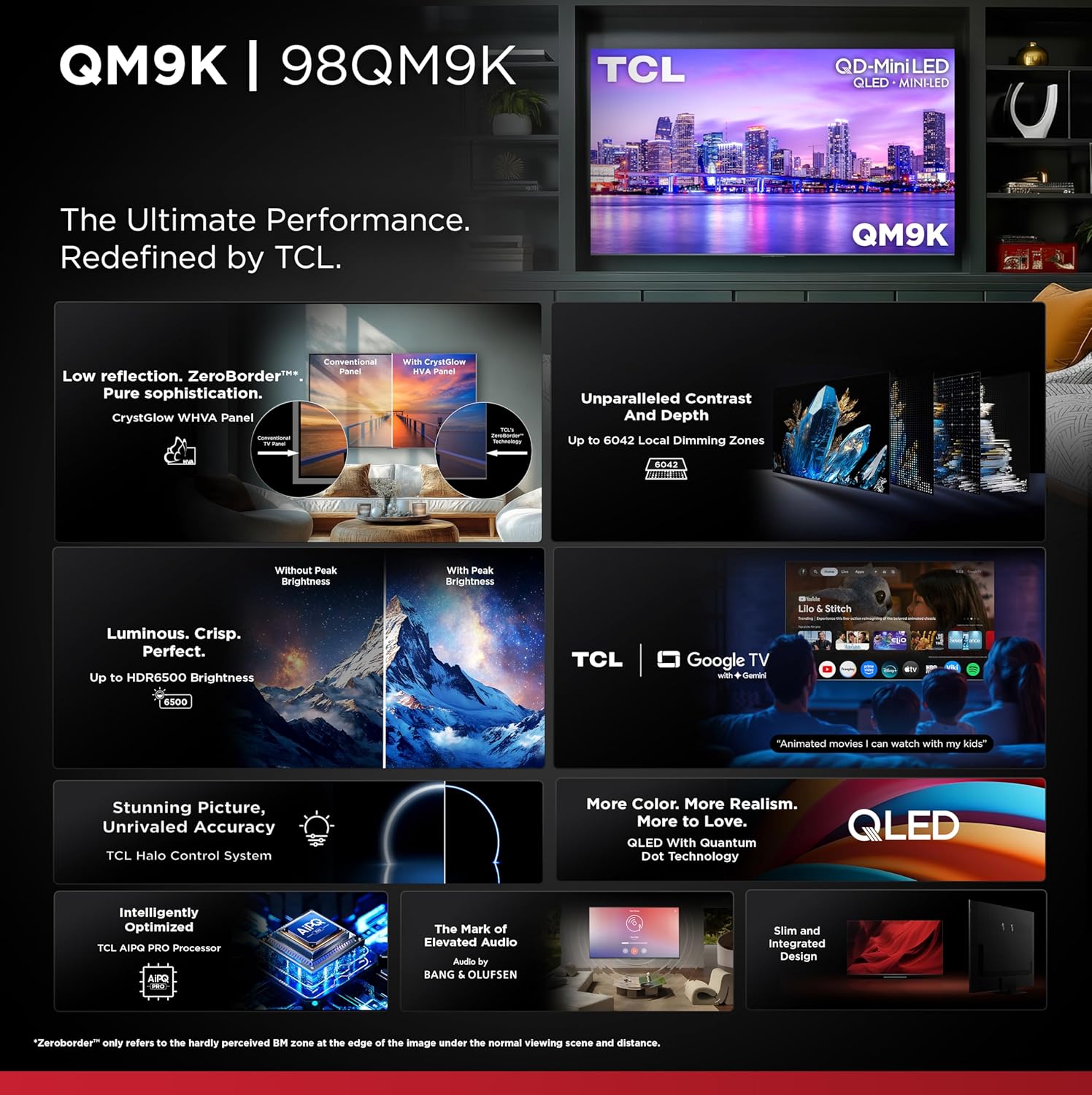 TCL 98 Inch Class QM9K Series| Mini LED QLED 4K| 98QM9K, Latest Model| 144HZ Peak Brightness & Contrast Dolby Vision| Up to LD6K Precise Dimming| AI Smart Google TV| Dolby Atmos Bang & Olufsen