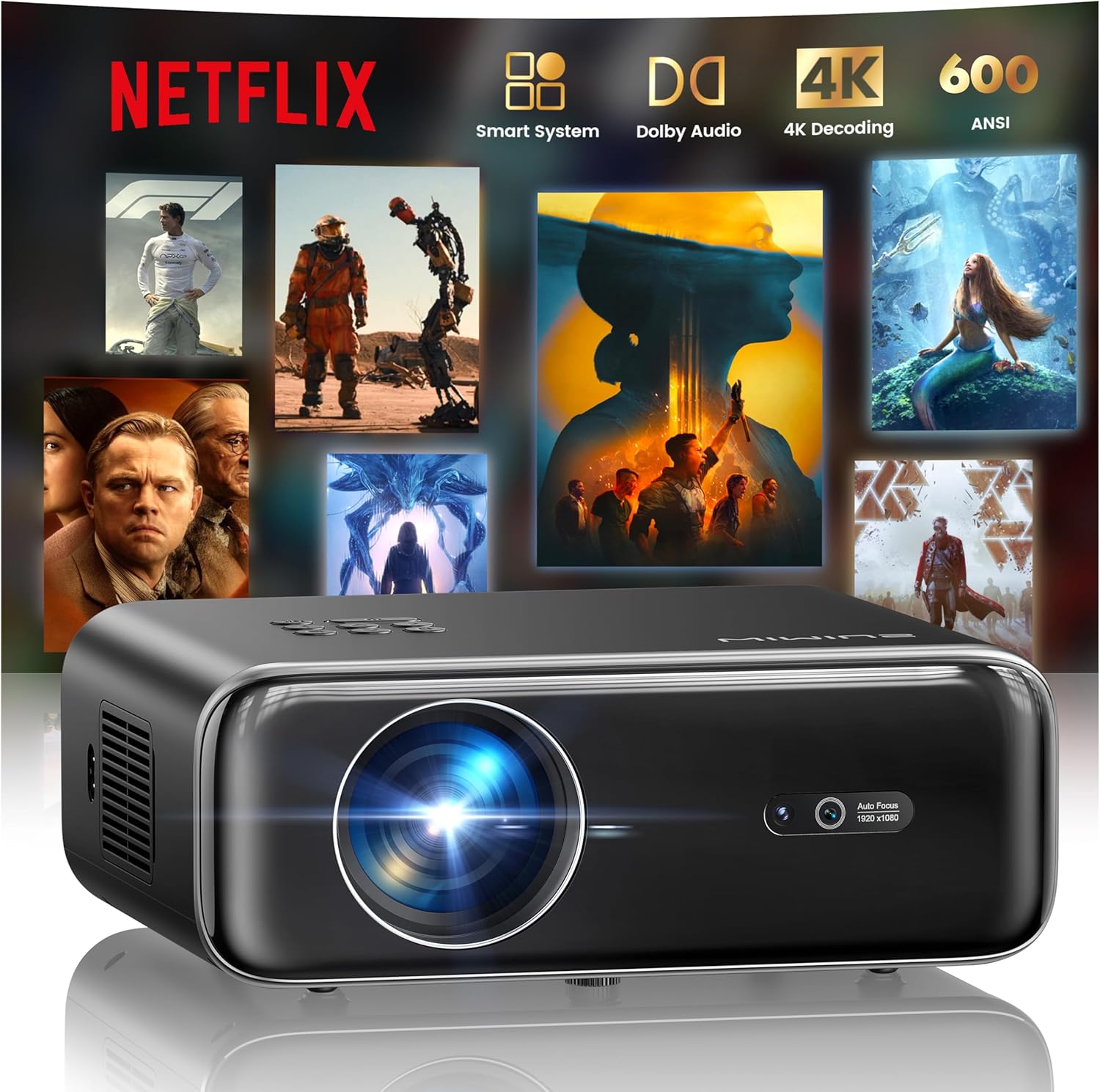 [Built-in Apps/4K Support] Smart Outdoor Projector with WiFi and Bluetooth, Movie Projector, Dolby Audio with Dual Speaker, Auto Focus with YouTube & Prime Video Projector, Upgraded P62 Pro