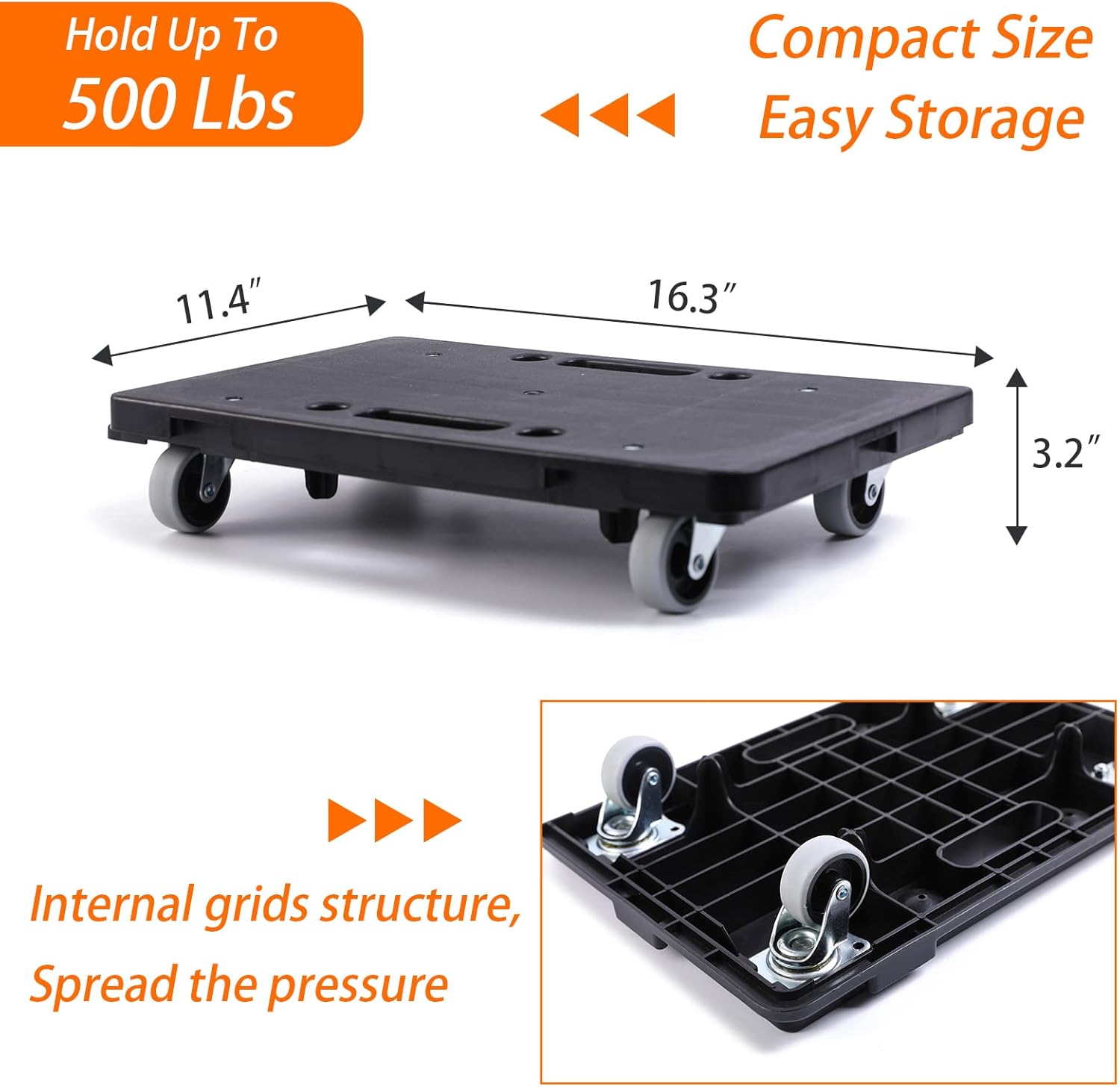 Kavlium Furniture Dolly, Furniture Movers Dollys with Wheels, 16in-11in 500lbs Capacity, Moving Dolly 4 Wheels Heavy Duty, 4 Wheels Small Flat Dolly, 2 Pack, Black