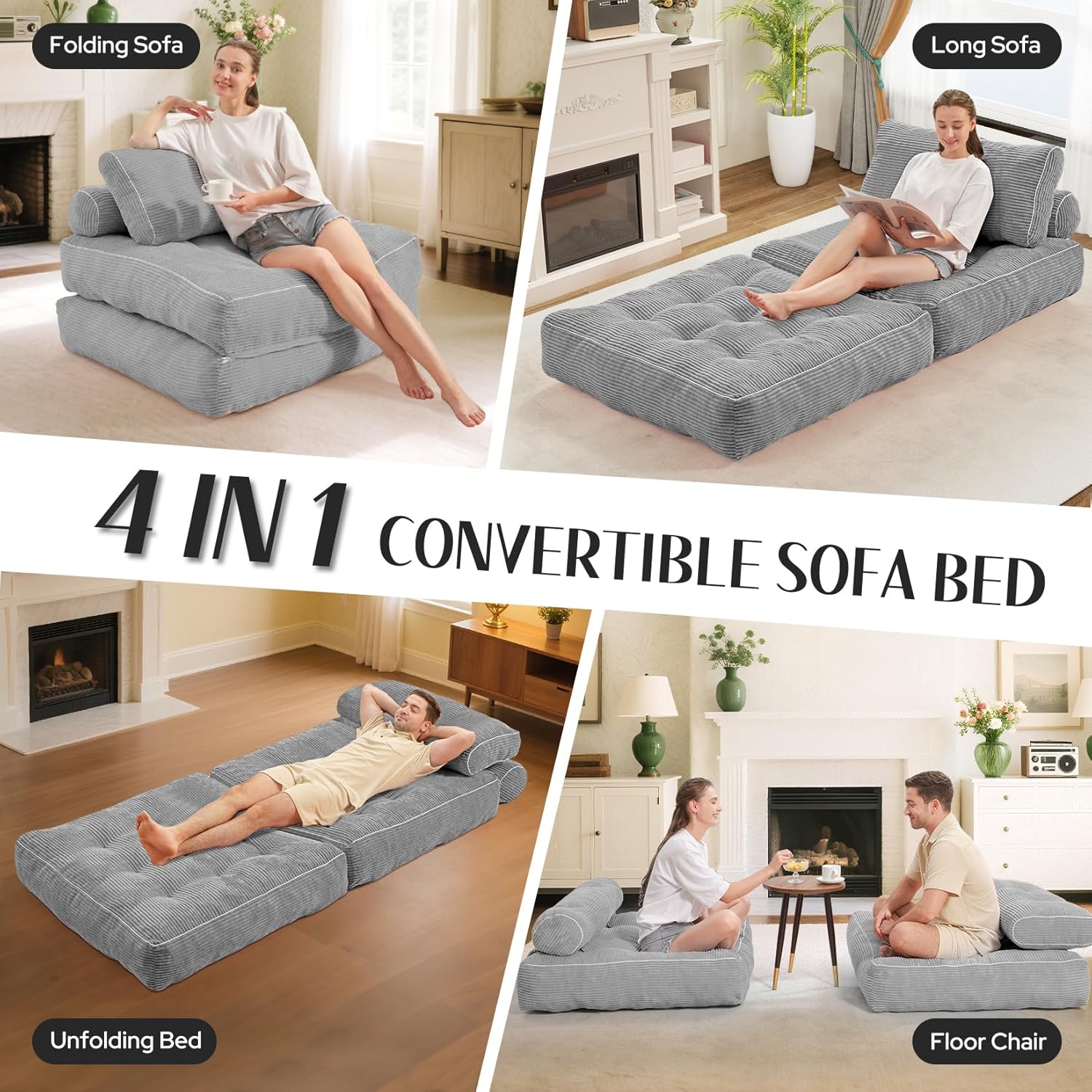 HABUTWAY Folding Sofa Bed, Convertible Sleeper Chair Bed with Dual Pillows & Handle, Foldable Floor Sofa Lounge with Back Support for Living Room, Bedroom, Apartment, Office, Single, Light Grey