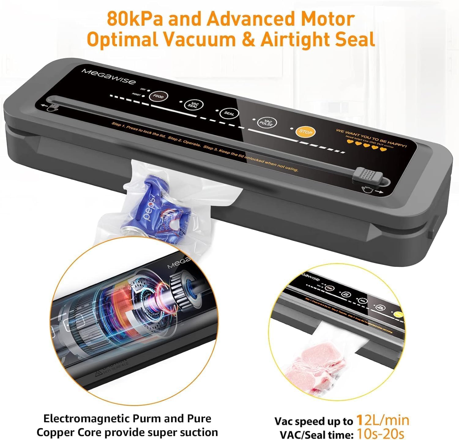 MegaWise Vacuum Sealer Machine| 80kPa Suction Power| Bags and Cutter Included| Compact One-Touch Automatic Food Sealer with External Vacuum System| Dry Moist Fresh Modes for All Saving Needs