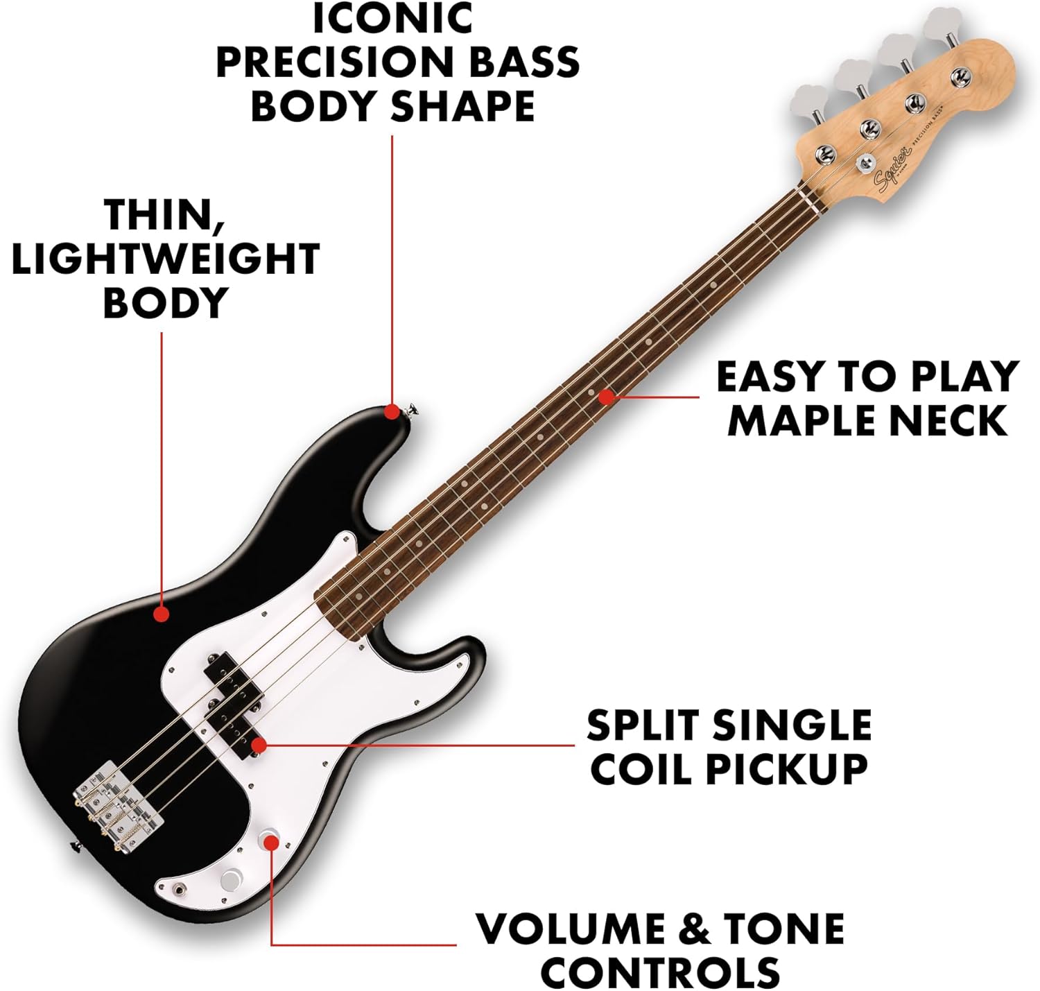 Fender Squier Debut Series Precision Bass Guitar Pack, Beginner Guitar Pack, 2-Year Warranty, Includes Rumble 15 Amplifier, Padded Gig Bag, Instrument Cable, and More, Black with Satin Urethane Finish
