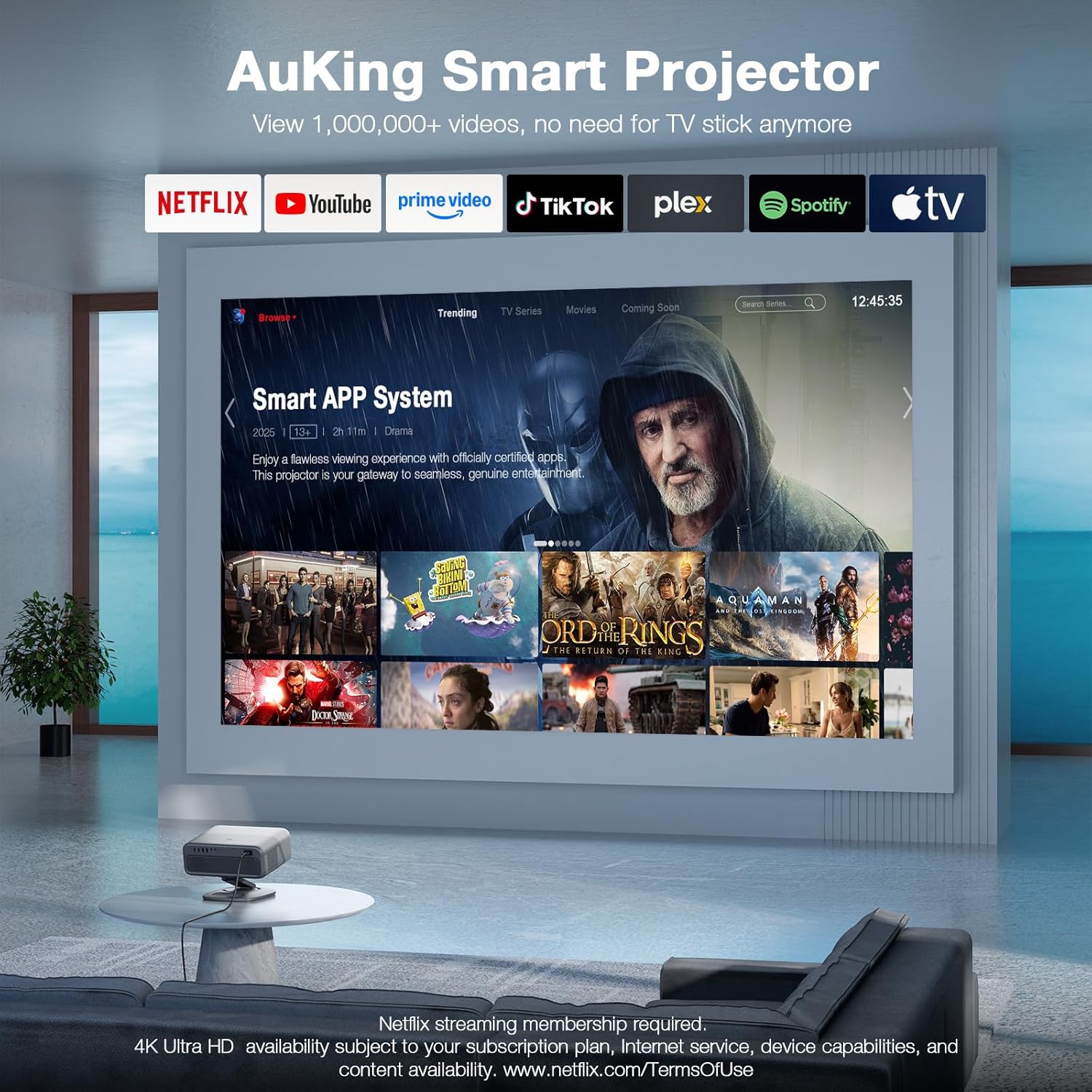 [Now with Netflix & 3500 ANSI] 4K Projector with WiFi and Bluetooth, TOF Real-Time Auto Focus Smart Projector, AuKing Outdoor Movie Home Theater Projector with Omni-Adjustable Stand (grey)