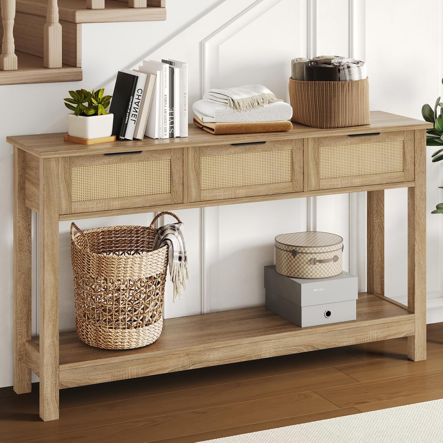 Luoxiao Rattan Console Table Boho Entryway Table with 3 Drawers Storage, Narrow Long Behind Couch Sofa Table for Living Room Side Table Entryway Table Hallway Foyer, Natural, 47 Inch