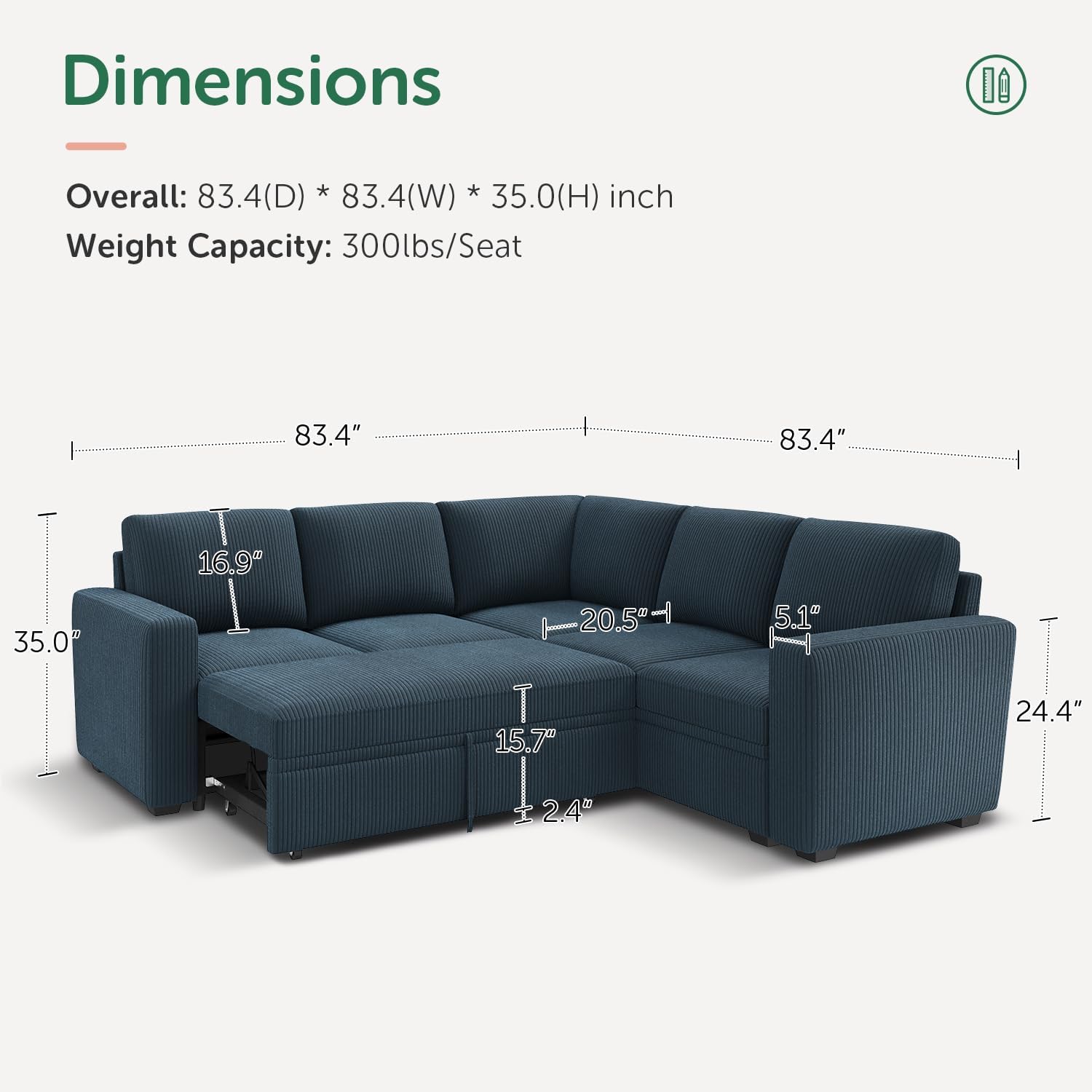 HONBAY Modular Sectional Sleeper Couch with Pull Out Bed, Corduroy L-Shaped Sofa with Storage, Convertible Sectional Couches for Living Room, Blue