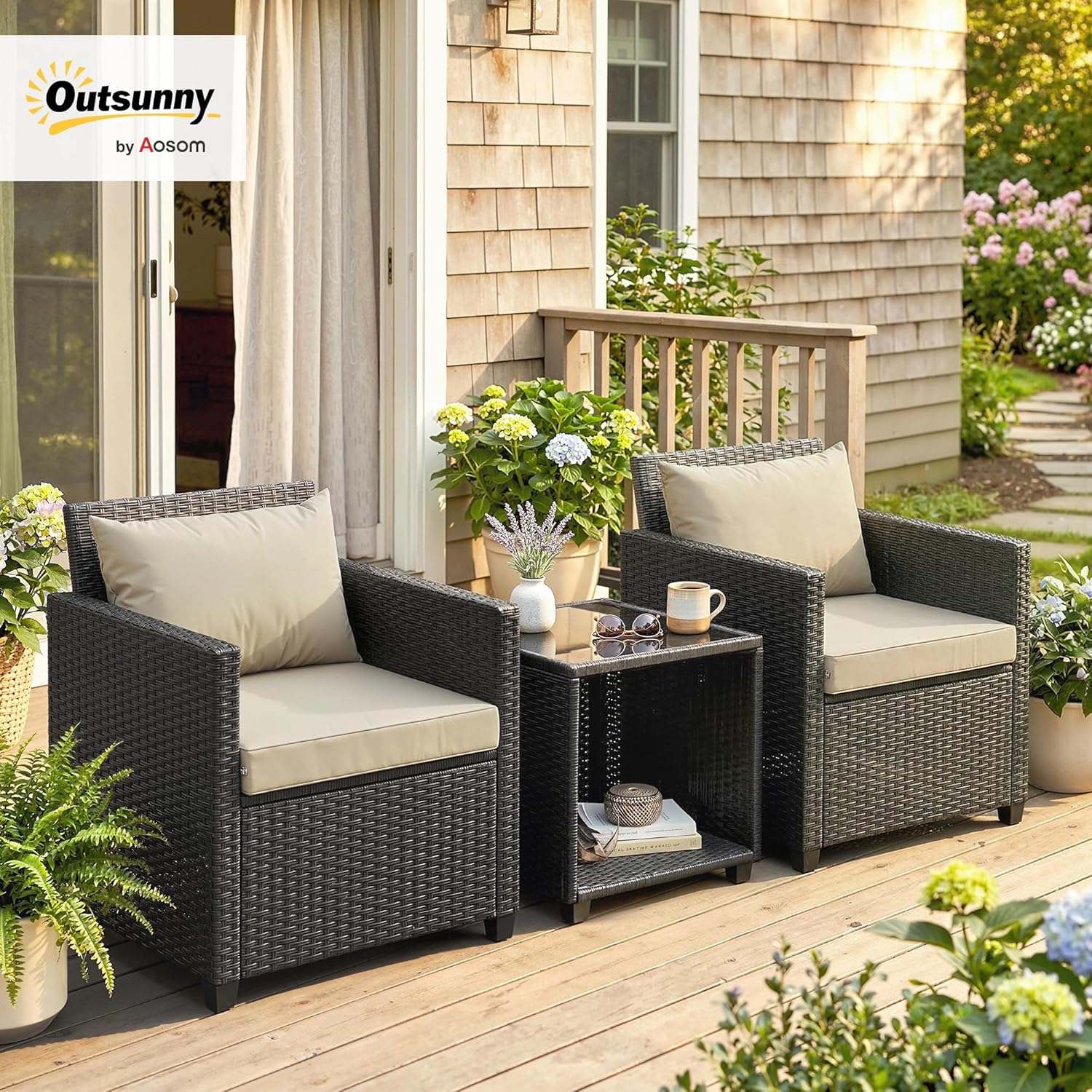 Outsunny 3 Piece Patio Furniture Set, Wicker Outdoor Bistro Set with Glass Coffee Table and Chairs, Outdoor Furniture Conversation Set with Cushions for Balcony, Porch, Garden, Backyard, Beige