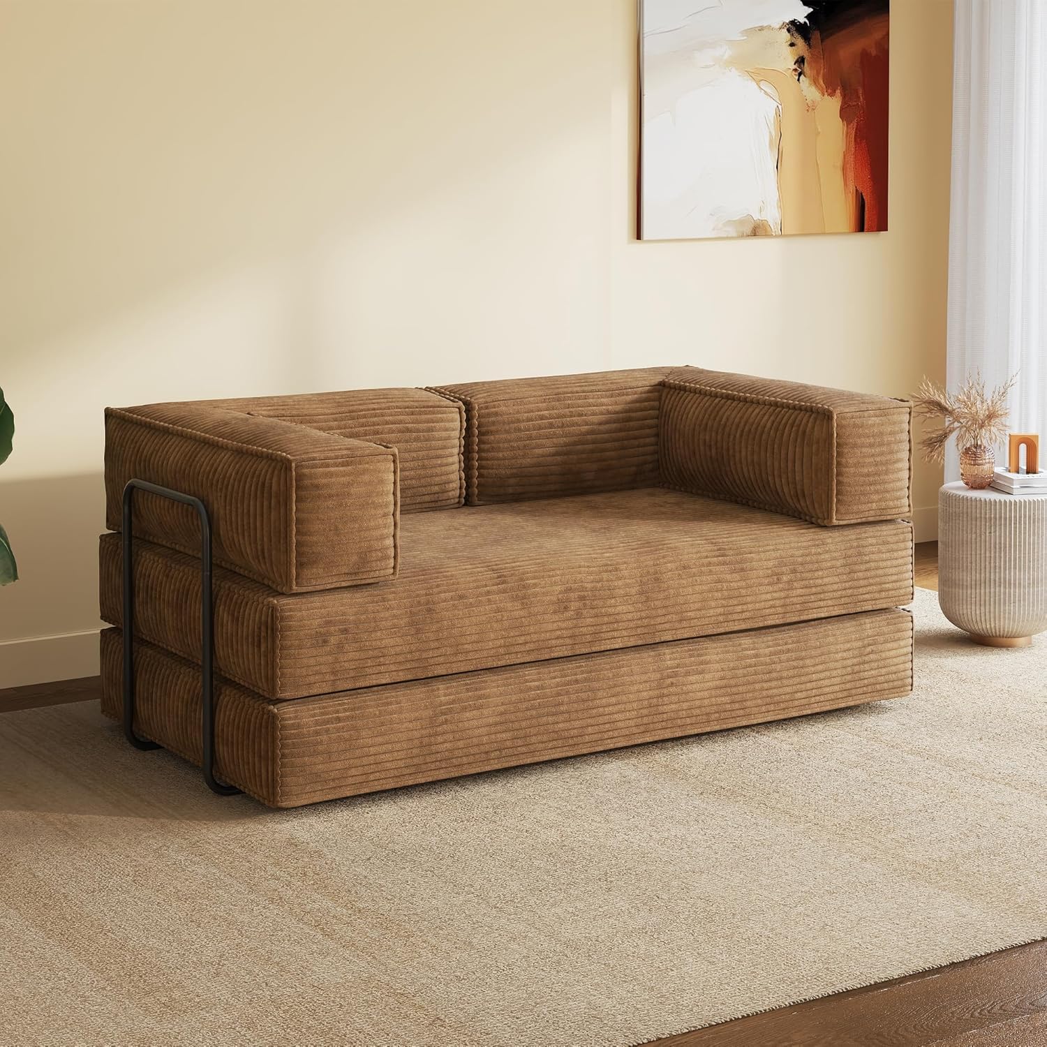 WLIVE 87'' Futon Sofa Bed, Convertible Sleeper Sofa, Folding Pull Out Couch Boneless Mattress with Fixed Frame, Corduroy, with Storage Pocket, Brown