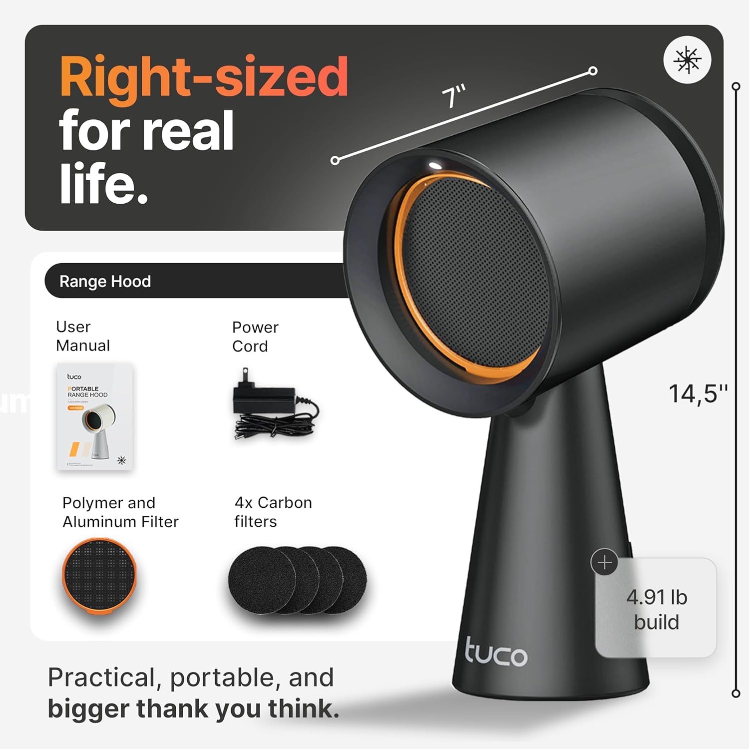 TUCO Portable Range Hood, Countertop Kitchen Exhaust Fan with 3 Speeds, 5-Layer Filter, Powerful Smoke Removal, Low Noise, Oil Cup, Air Purifier for Apartments, Dorms & Indoor BBQ Smokeless – Black