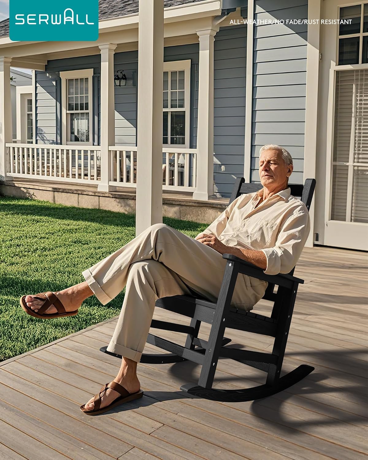 SERWALL Outdoor Rocking Chair Set of 2, HDPE Rocking Chairs for Adults, Black