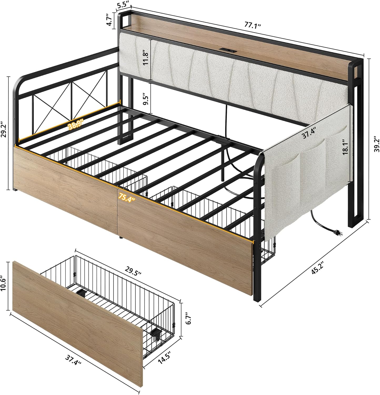 LIKIMIO Daybed with Storage Drawers, Twin Day Bed Frame with Boucle Upholstered Headboard and Charging Station, Sofa Day Bed with Strong Supports for Living Room, Bedroom and Guest Room, Cream