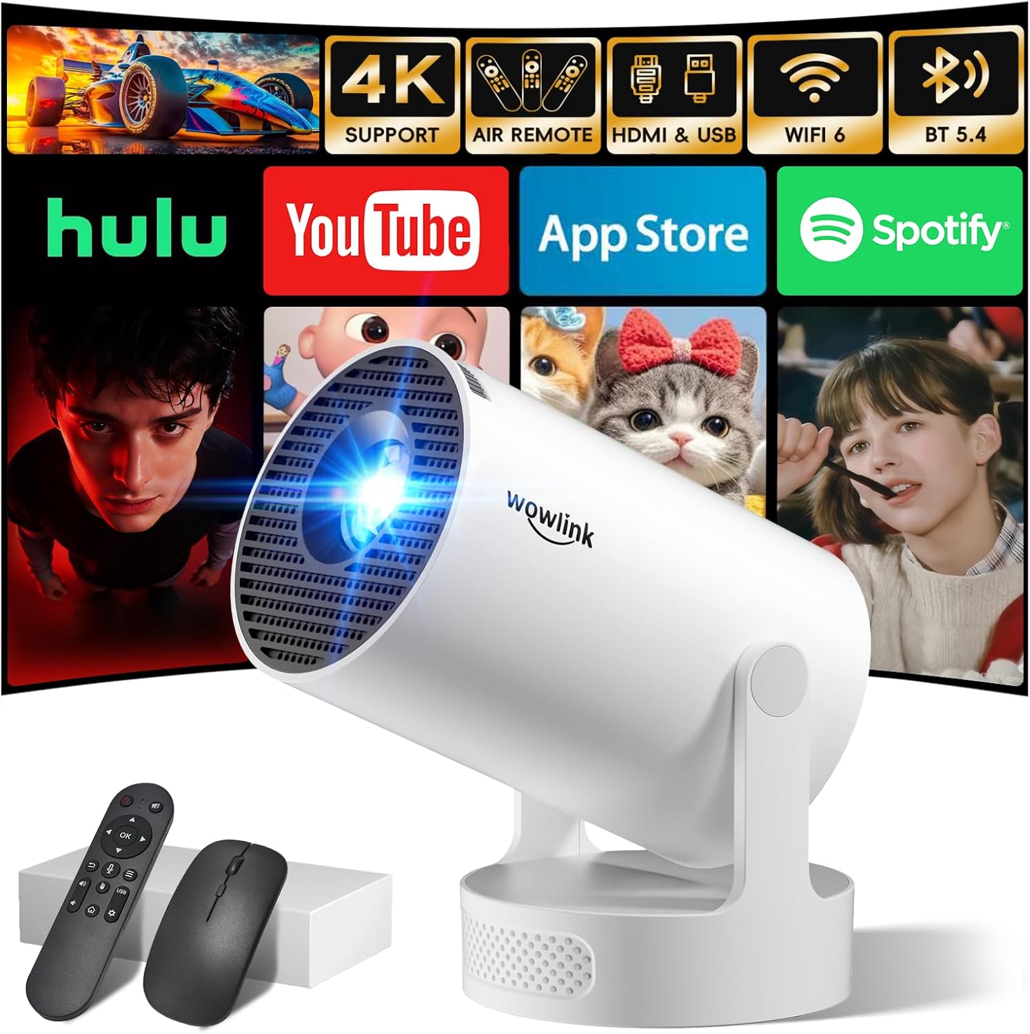 [Built-in Apps & 2026 Upgraded] Mini Projector with WiFi 6 and Bluetooth 5.4 Support 4K 1080P Auto Keystone 180° Rotatable Portable Projector Compatible with HDMI/TV Stick/Memory Stick/Laptop, White