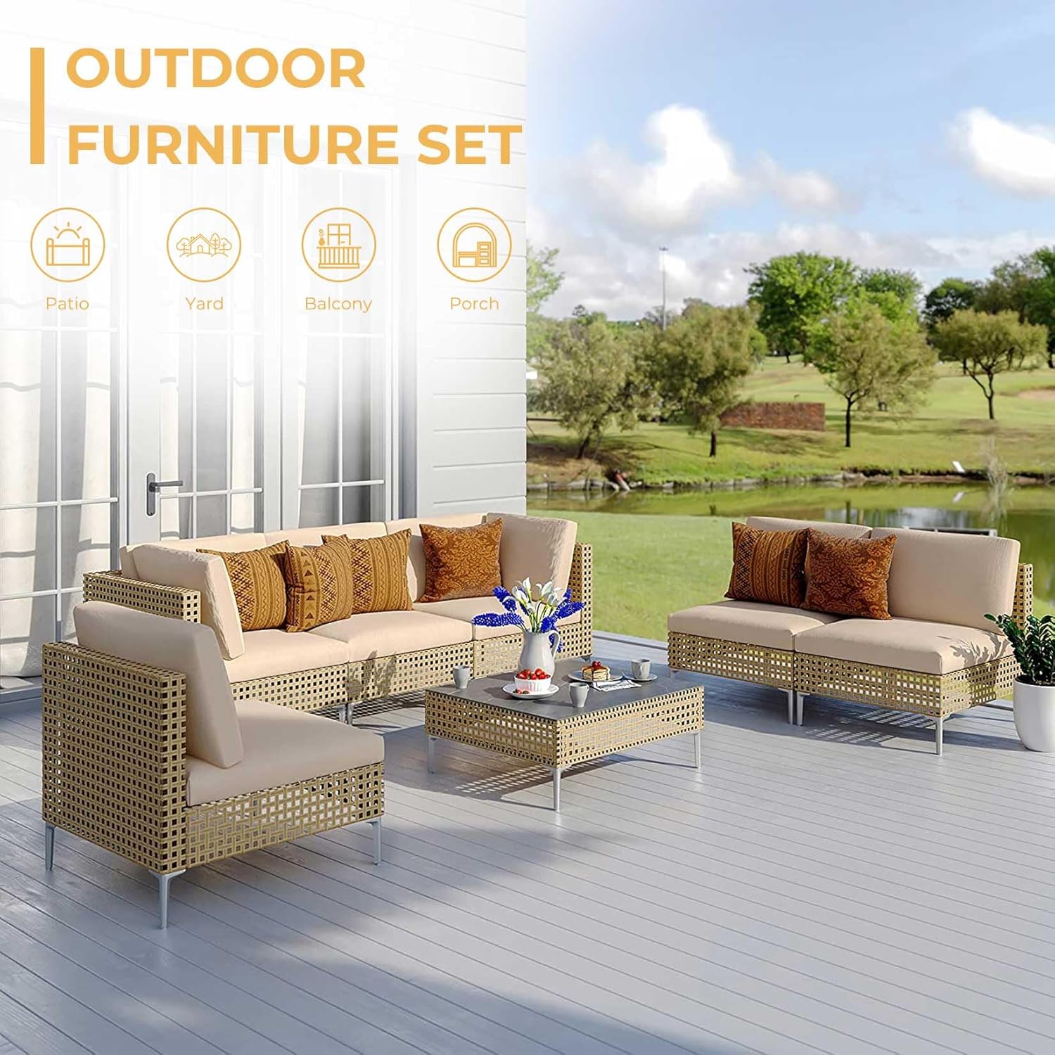 Grand patio 7-Piece Wicker Patio Furniture Set, Boho Outdoor Conversation Set Sectional Sofa with Water Resistant Thick Cushions and Coffee Table, Cream