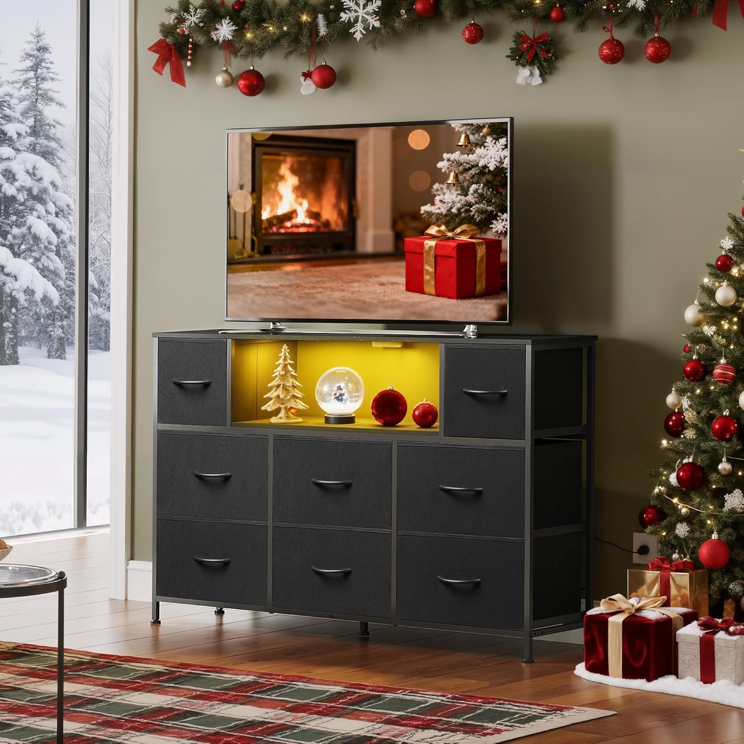 WLIVE Black Dresser TV Stand for 45, 50, 55 inch TVs, Entertainment Center with LED Lights & Charging Station, Chest of Drawers with 8 Fabric Drawers and Open Shelves for Living Room, Hallway, Wooden Top