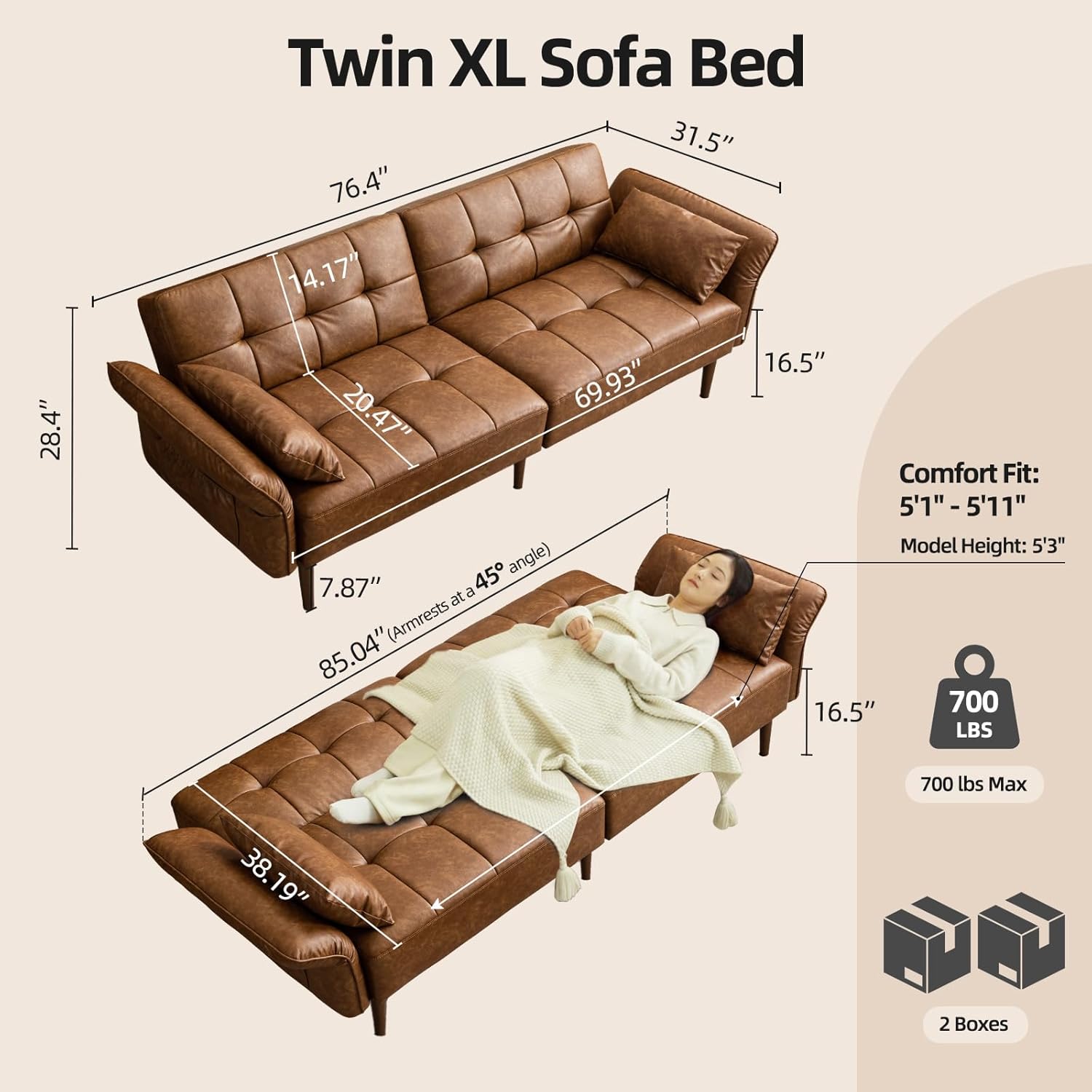 85” Futon Sofa Bed, Sleeper Sofa, Small Couch with Storage, Adjustable Armrests, Pillows, Faux Leather Loveseat, Mid Century Modern Couches for Living Room, Bedroom, Apartment, Brown