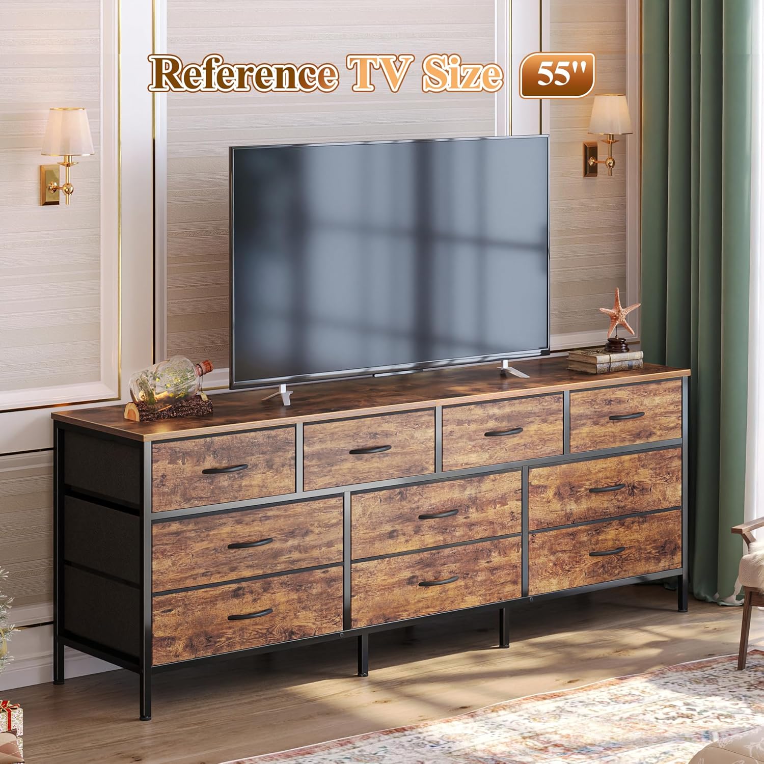 Huuger 63 Inch Dresser for Bedroom, Long Dresser with 10 Fabric Drawers, TV Stand for 55, 65, 70 Inch TVs, Toy Storage Organizer for Closet, Rustic Brown