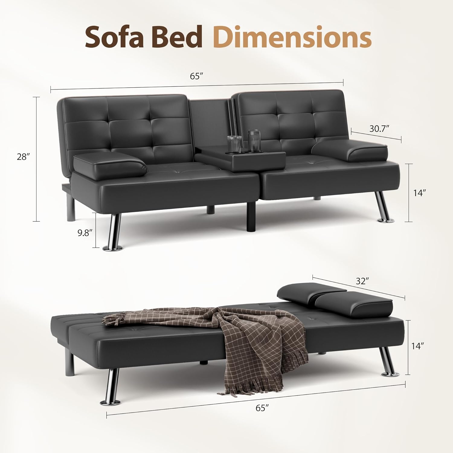 Shahoo Convertible Folding Futon Sofa Bed Sleeper Couch for Living Room, Faux Leather Upholstered Loveseat with Removable Armrests, Metal Legs, 2 Cup Holders, Black