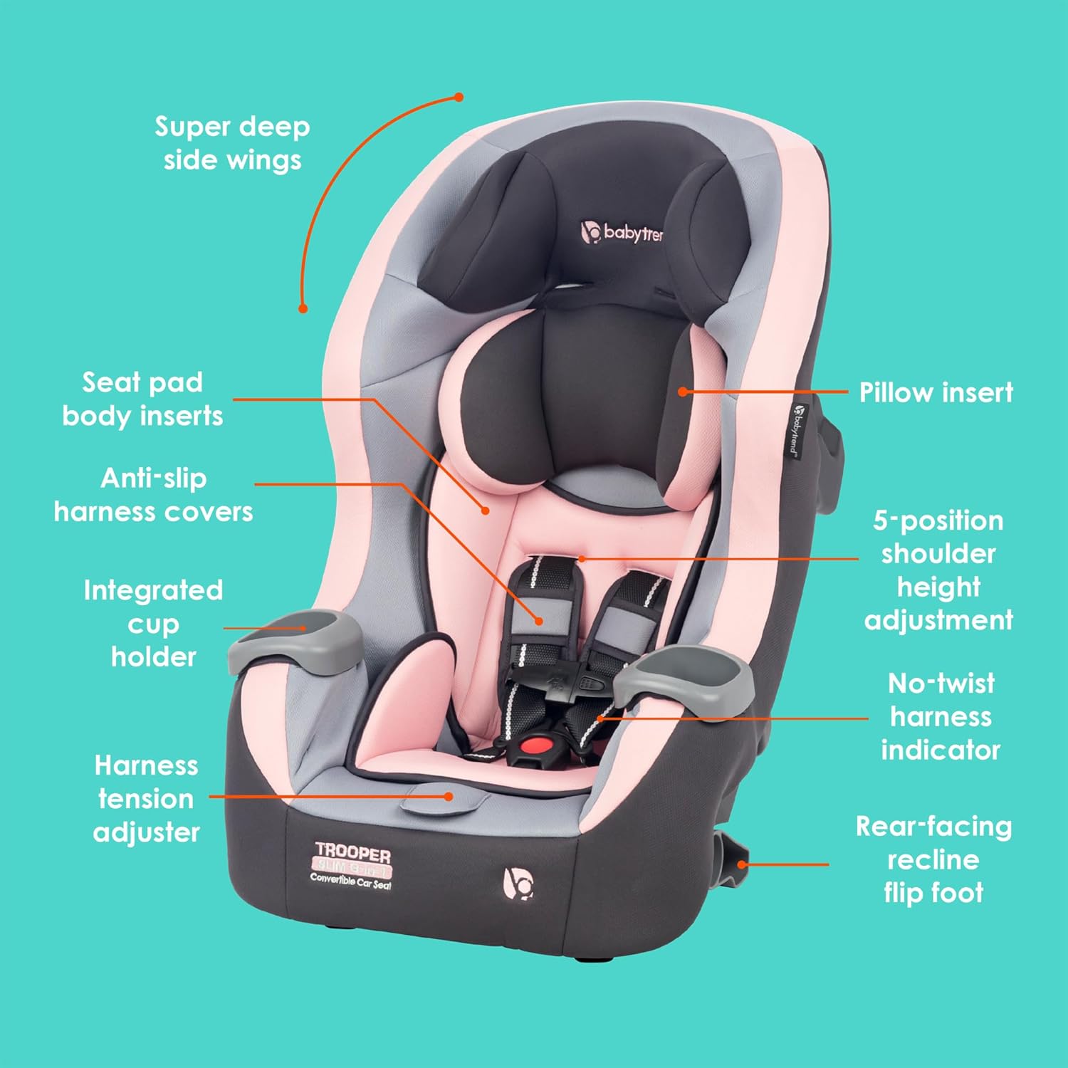 Baby Trend Trooper™ Slim 3-in-1 Convertible Car Seat, Quartz Pink – Slim Fit, 3-in-1 Growth Modes, Lightweight Design, Adjustable Comfort Padding