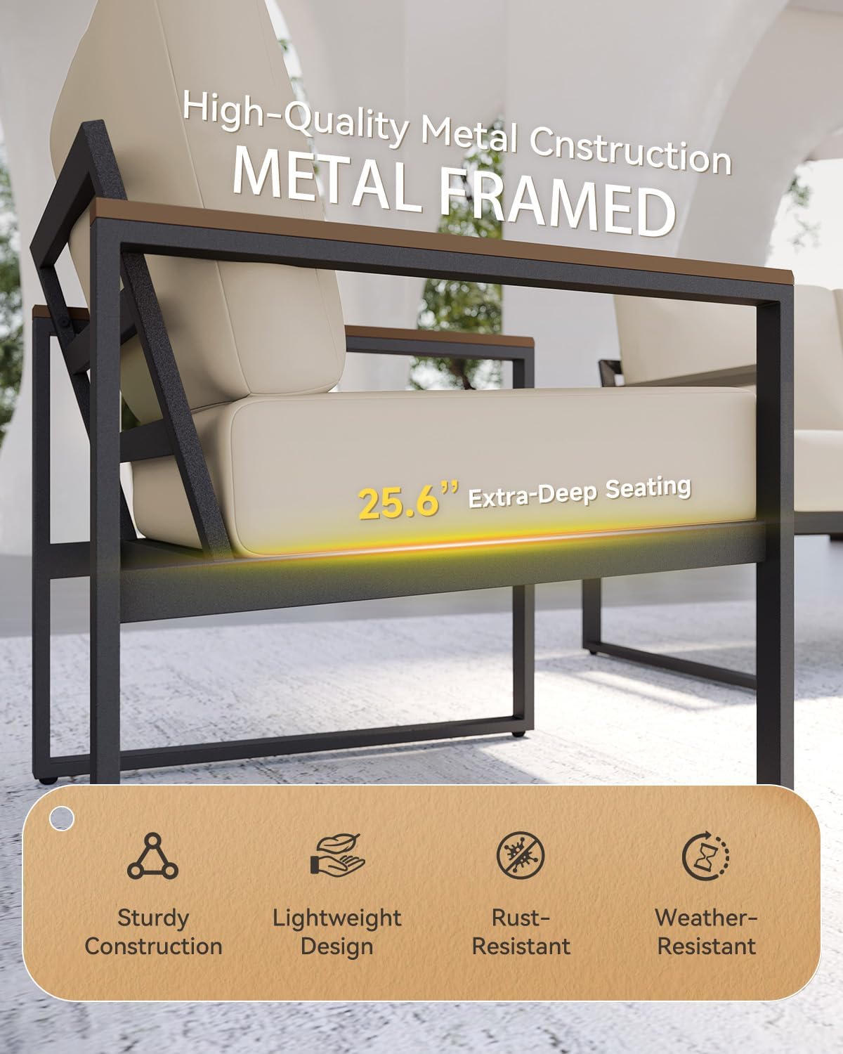 Aoxun Patio Furniture Set, 4 Piece Outdoor Patio Furniture with Thick Cushions, Modern Metal Outdoor Conversation Sets with Coffee Table for Porch, Balcony, Deck Beige