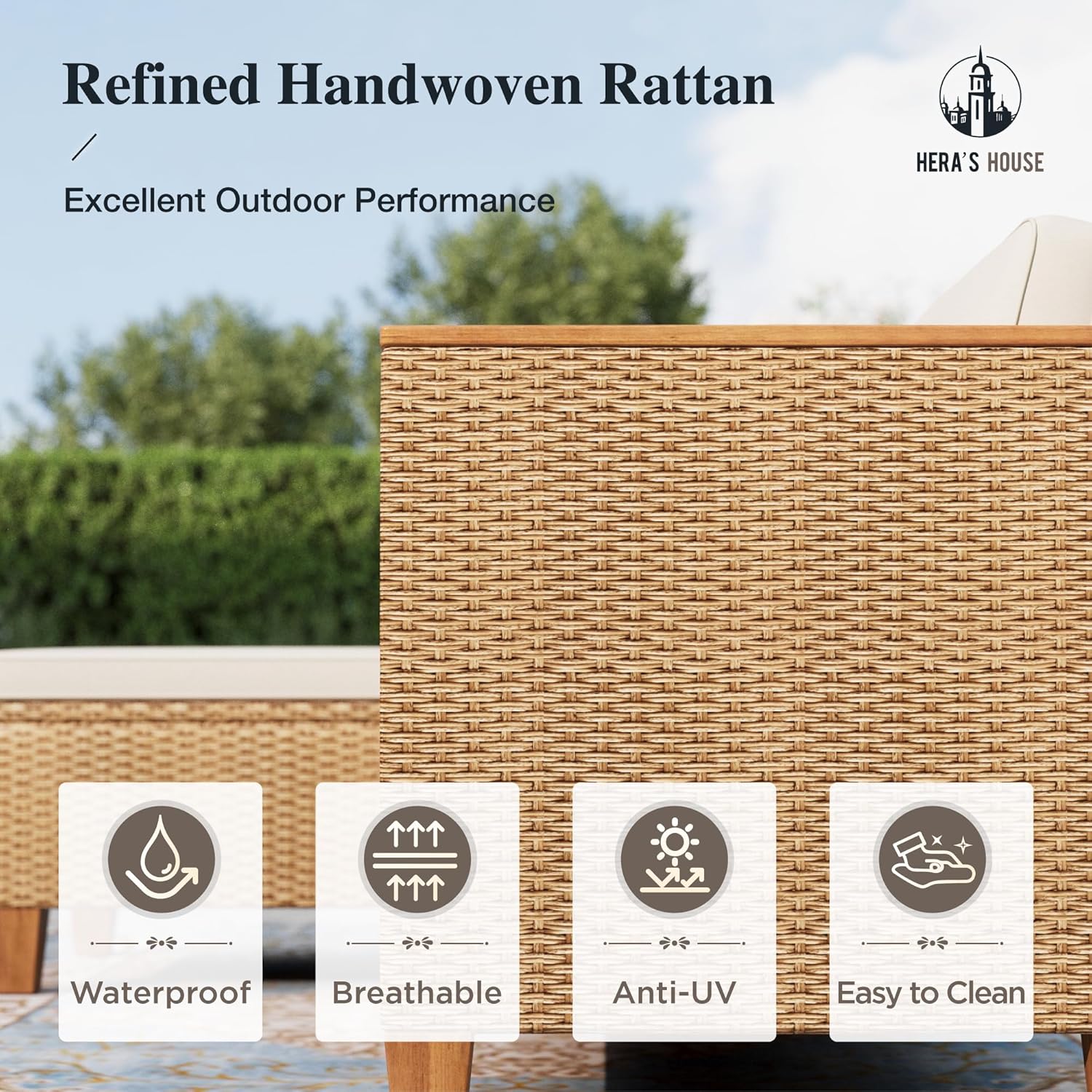 HERA'S HOUSE Small Patio Furniture Set, 3 Pieces Wicker Outdoor Sectional Sets, Yellow Rattan Conversation Set with Sofa and Coffee Table for Garden and Backyard, L-Shaped Boho Balcony Couch Sets