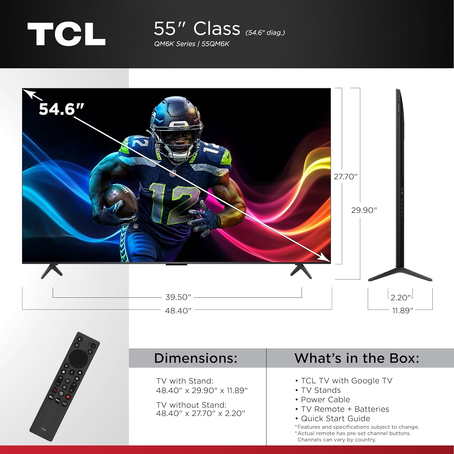 TCL 55 Inch Class QM6K Series| Mini LED QLED 4K HDR| 55QM6K, 2025 Model| 120HZ-144HZ High Brightness Smart Google TV Dolby Atmos Onkyo Audio| Voice Remote Alexa Gaming Streaming Television