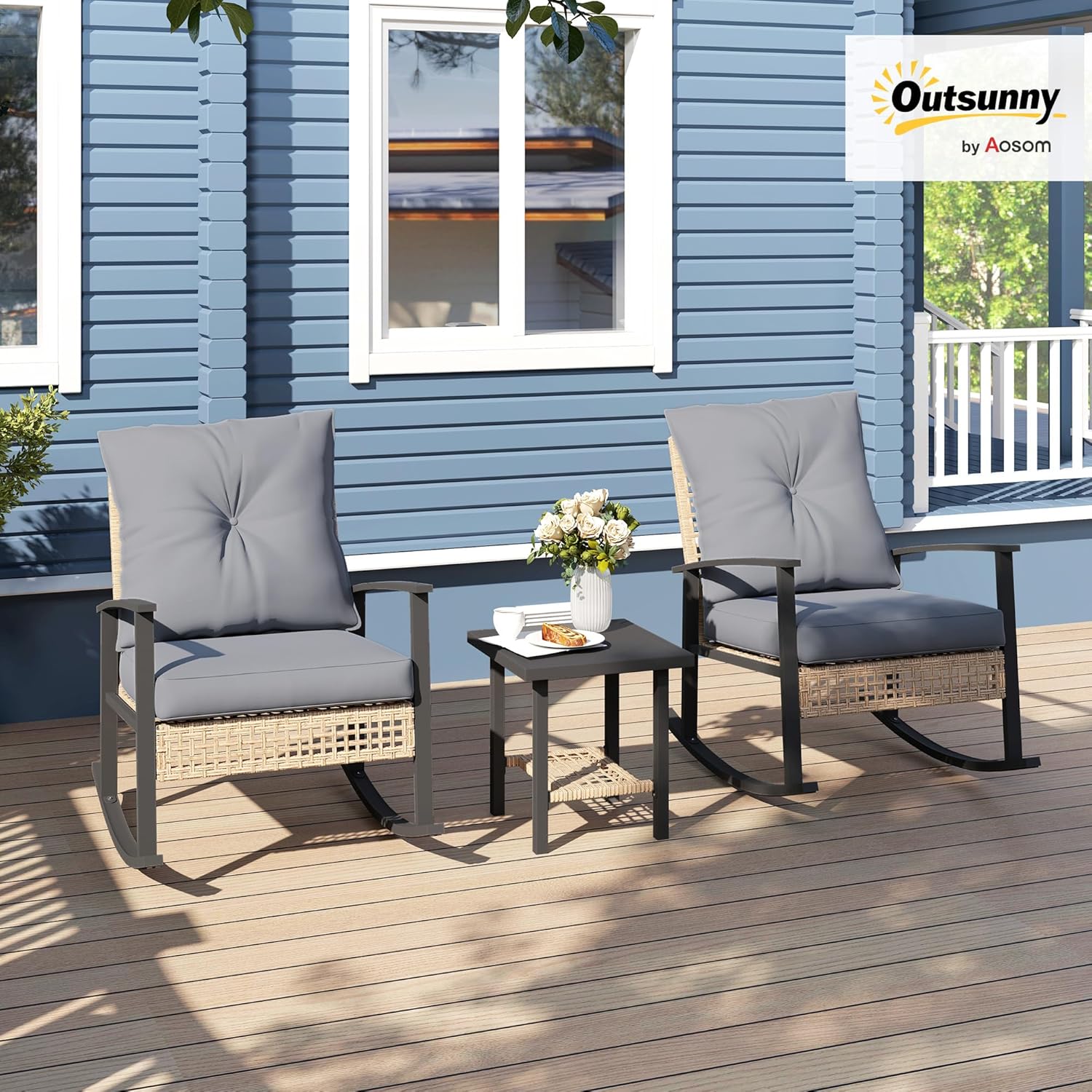 Outsunny 3 Pieces Rocking Wicker Outdoor Bistro Set, Rattan Patio Furniture Set with Coffee Table and Porch Chairs, Button Tufted Cushions for Backyard, Balcony, Garden, Gray