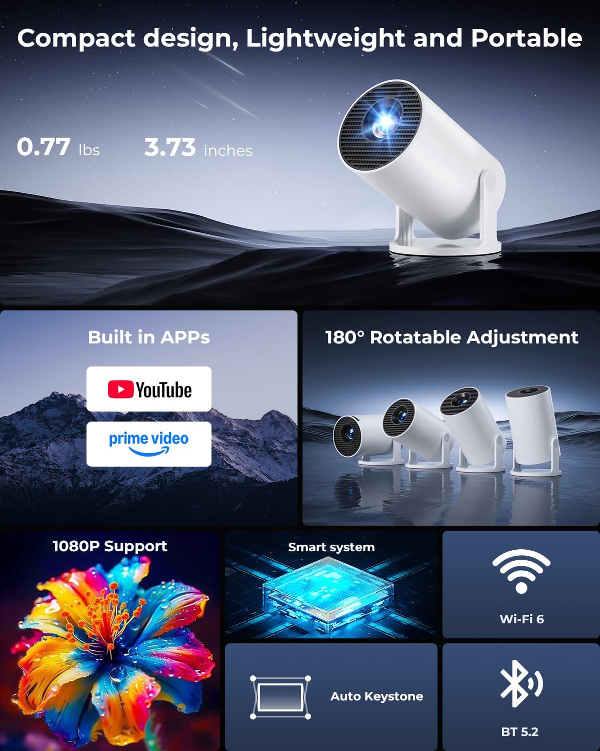 Mini Projector, Portable Projector with Wifi and Bluetooth, Built-in Apps, Supports 4K 1080P, 180° Rotation, Auto Keystone, Movie Projector Compatible With HDMI/USB/TV Stick/Smartphone/Laptop