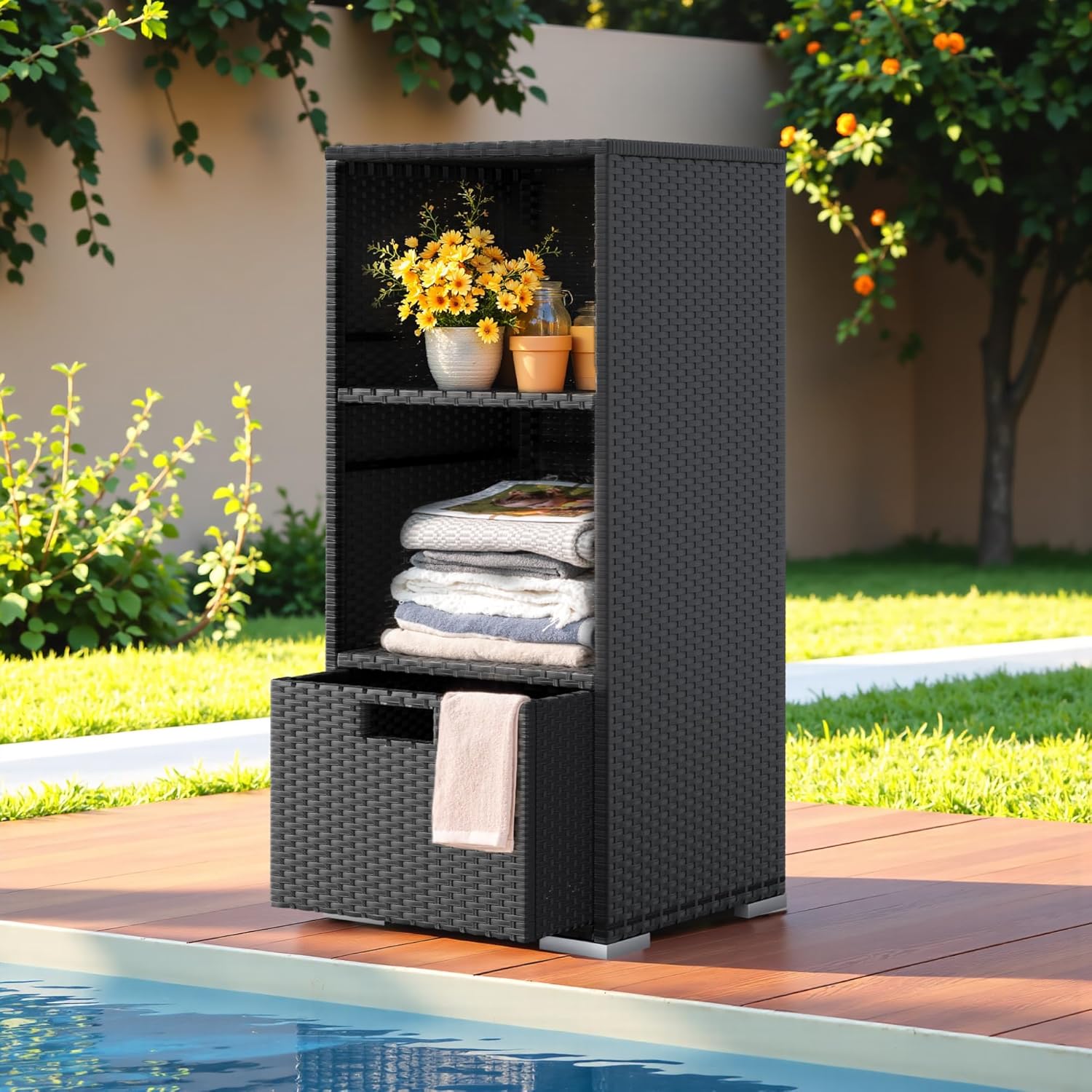 Greesum Rattan Storage Shed, Outdoor Towel Rack with 2 Storage Shelves & 1 Bottom Drawer, Suitable for Pool Patio Garden Deck, Black