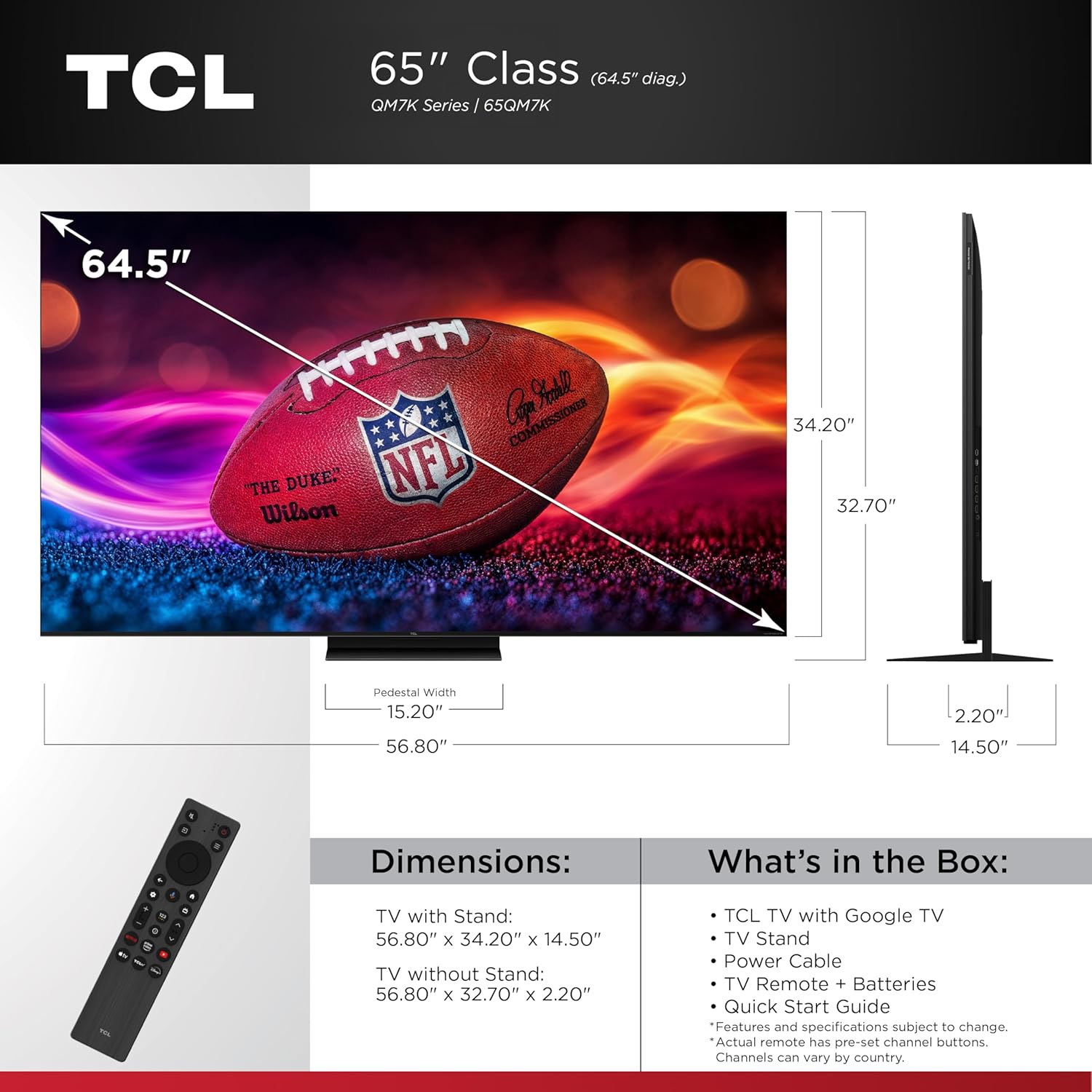 TCL 65 Inch Class QM7K Series| Mini LED QLED 4K HDR| 65QM7K, 2025 Model| 120HZ-144HZ Anti Reflective Screen Smart Google TV Dolby Atmos Onkyo Audio| Voice Remote Alexa Gaming Streaming Television