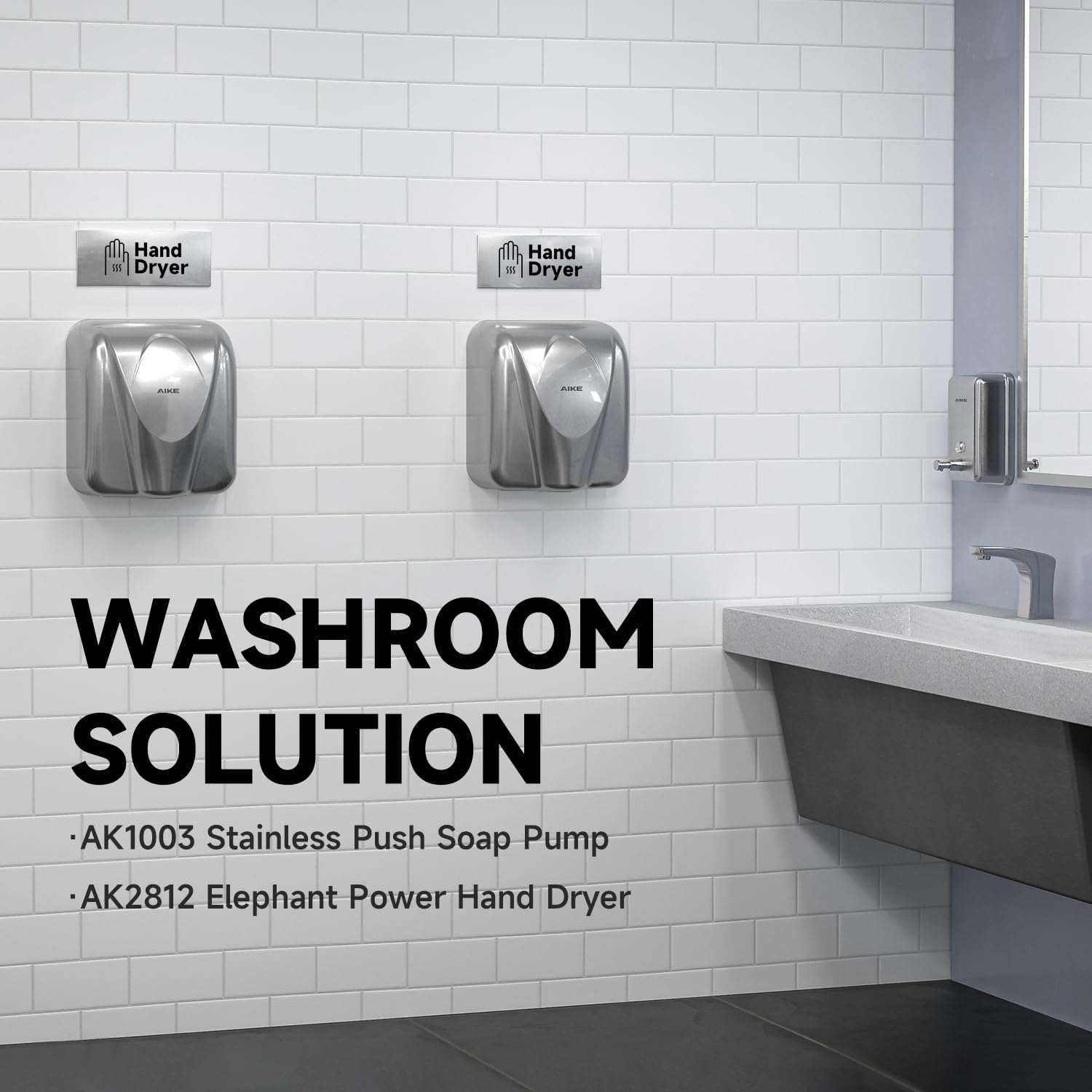 AIKE Elephant Power Commercial Hand Dryer High Speed Auto Warm Wind, Brushed Stainless Steel Cover AC110V-130V Model AK2812