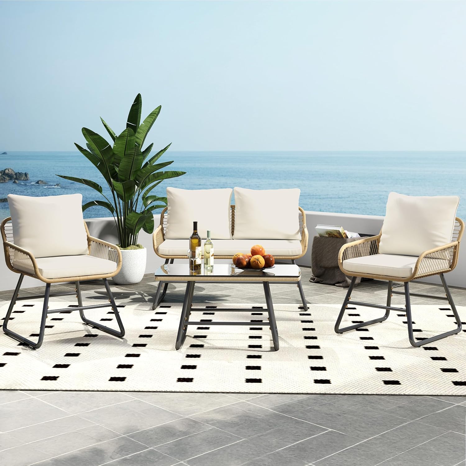 Yaheetech 4 Piece Patio Furniture Set, Outdoor Wicker Conversation Sets, Boho Loveseat & 2 Armchairs with Cushion and Pillow, Glass Top Table for Backyard, Porch, Balcony, Deck - Tan/Cream