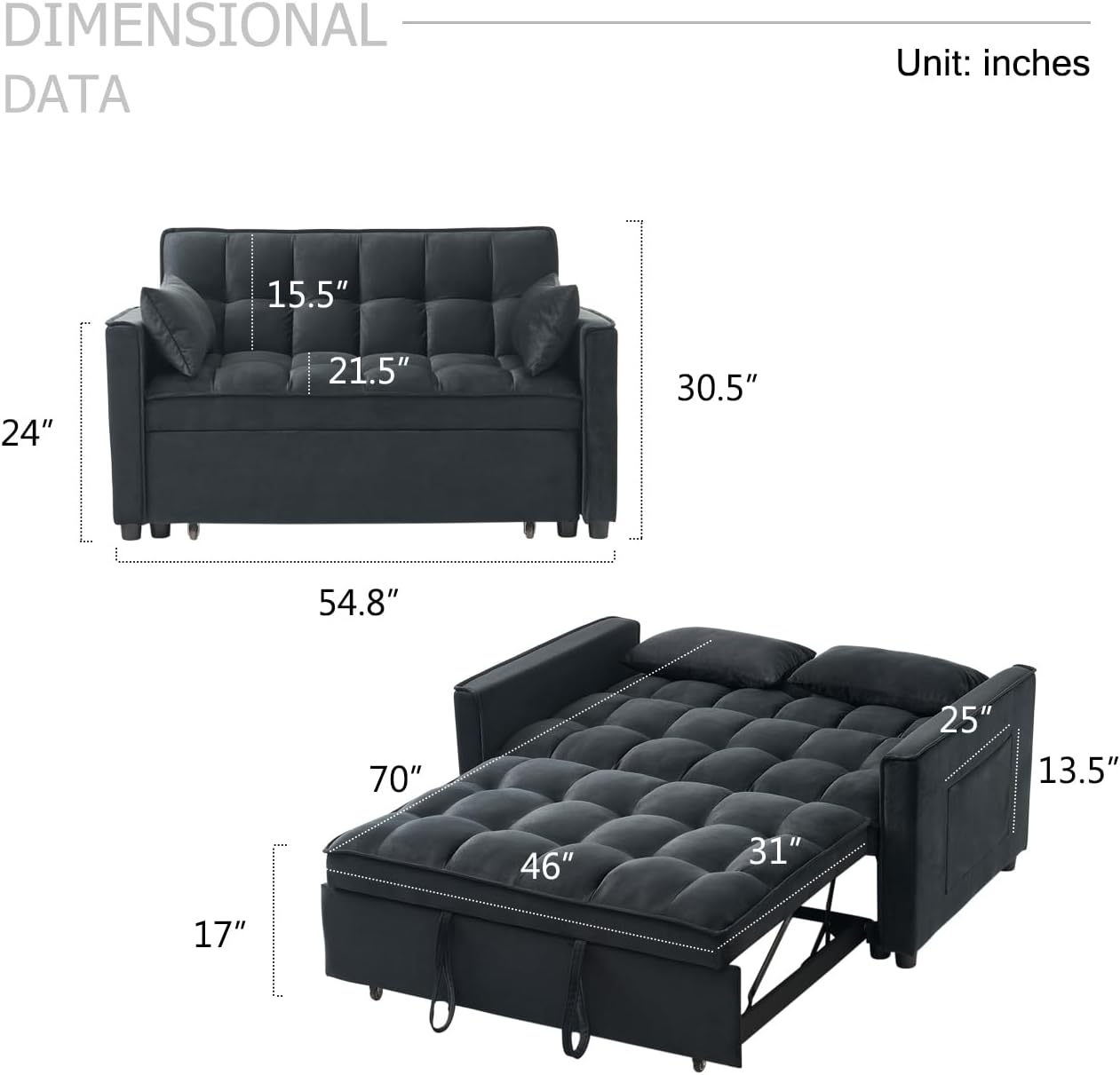 Velvet Convertible Sleeper Sofa, 3-in-1 Pull Out Couch Bed with Pillows, Adjustable Backrest, Storage Pockets with Armrests for Living Room & Bedroom (Black)| Pull Out Couch Bed